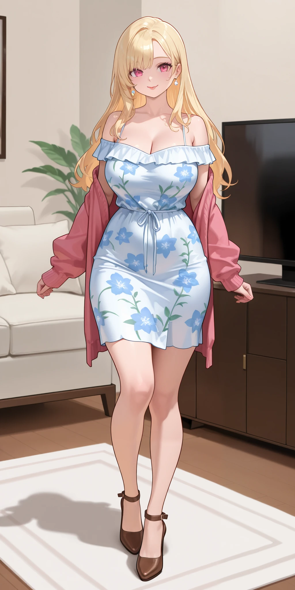An extremely beautiful stunning voluptuous woman, with gold blonde long silky hair, big blue oceanic eyes, extremely super bright snow white fair stunning flawless glowing lush shiny white complexion and flawless skin, a perfect tight hourglass figure, and skinny thin waist, sexy thick smooth luscious legs and thighs, wearing a short sexy tight revealing pink floral full-sleeve dress along with a white sash around the waist, a yellow off-shoulder sweater, yellow heels, gold necklace on the neck, gold anklets on feet, gold chain on the waist, standing straight, extremely cute smile on the face, bright pink blushes on cheeks, hallway in background, show full body from head to feet.
