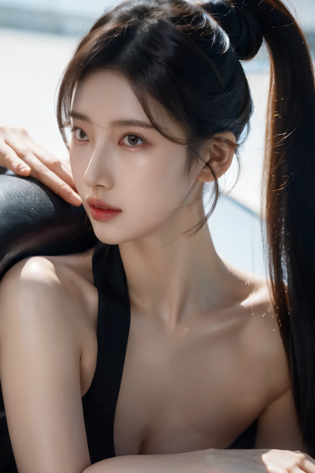 realistic, high resolution, soft light,1 woman, alone, hips up, (detailed face), decorations, toucho,black mafia clothes, Ponytail hairstyle, black hair, My hair is very long., looking for audience, touch, messy hair, close up, small breast, adult, mafia girl boss