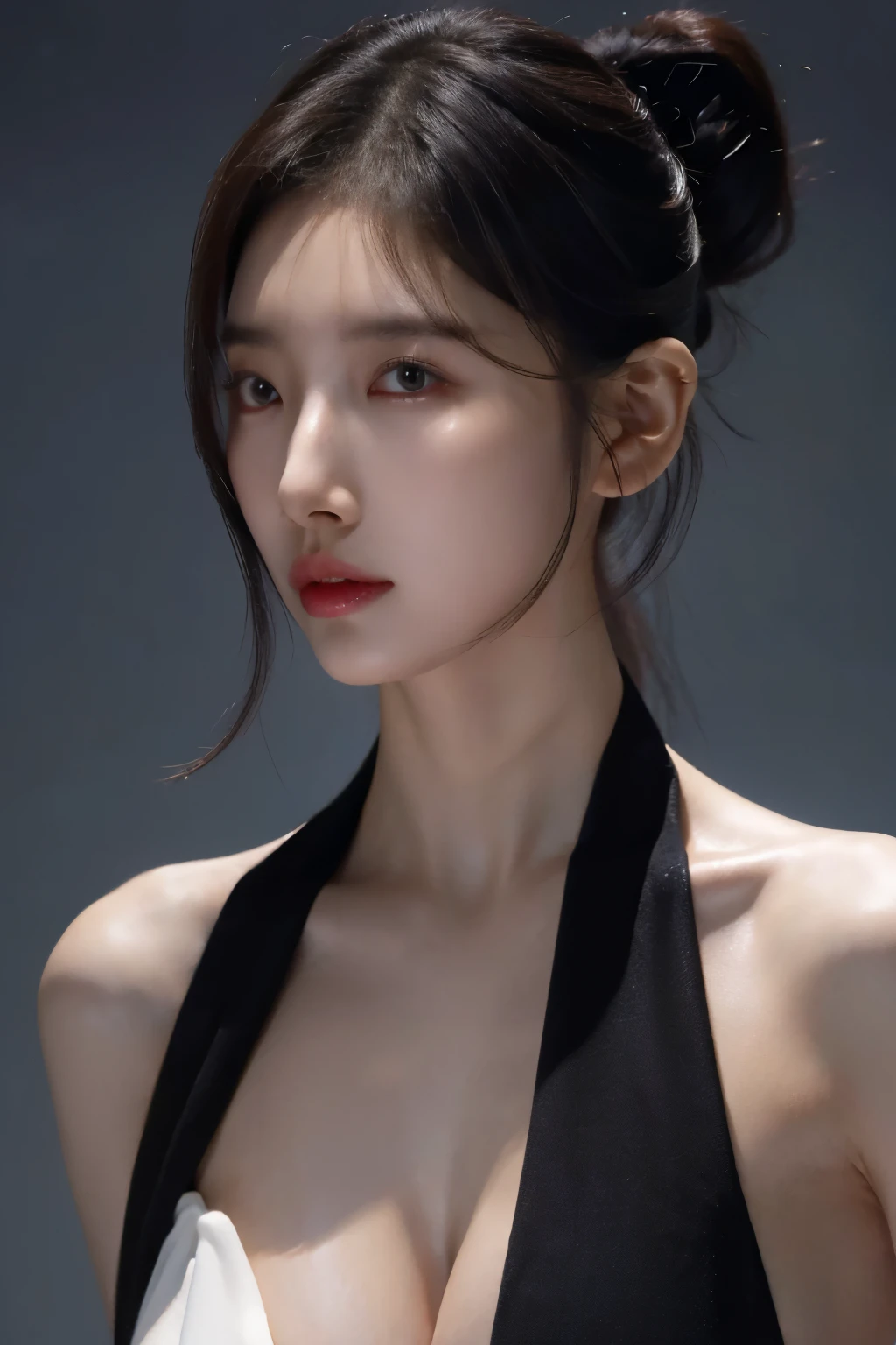 realistic, high resolution, soft light,1 woman, alone, hips up, (detailed face), decorations, toucho,black mafia clothes, Ponytail hairstyle, black hair, My hair is very long., looking for audience, touch, messy hair, close up, small breast, adult, mafia girl boss
