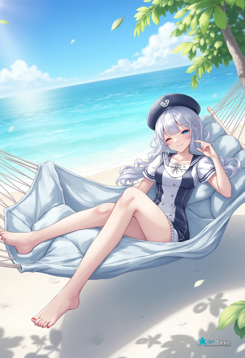 ((masterpiece,best quality,detailed)), 1girl, solo, elaina \(majo no tabitabi\), beach volleyball, beach umbrella, beach towel,  bikini, swimsuit,  beach, inflatable toy,  smile,