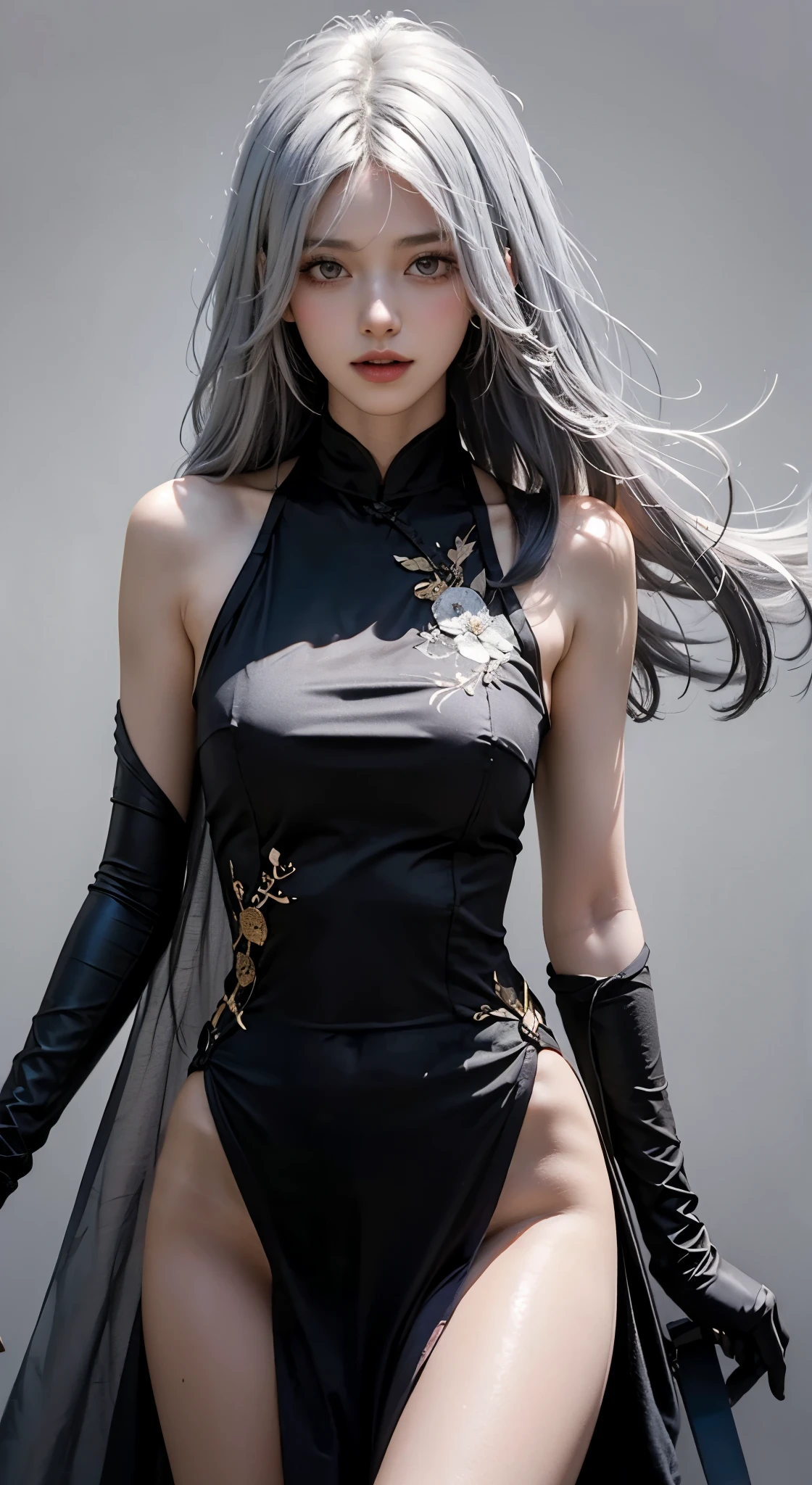 image of a woman with long white hair and chinese martial art clothes,star shaped pulils,shiny eyes, Shenhe from genshin impact, onmyoji portrait, white haired deity, ((bangs)), onmyoji detailed art, beutiful, detailed, detailed background, realistic, photo realistic, beutiful girl, pretty girl, (((hair over one eye))), grey eyes, cosplayer, instagram filter