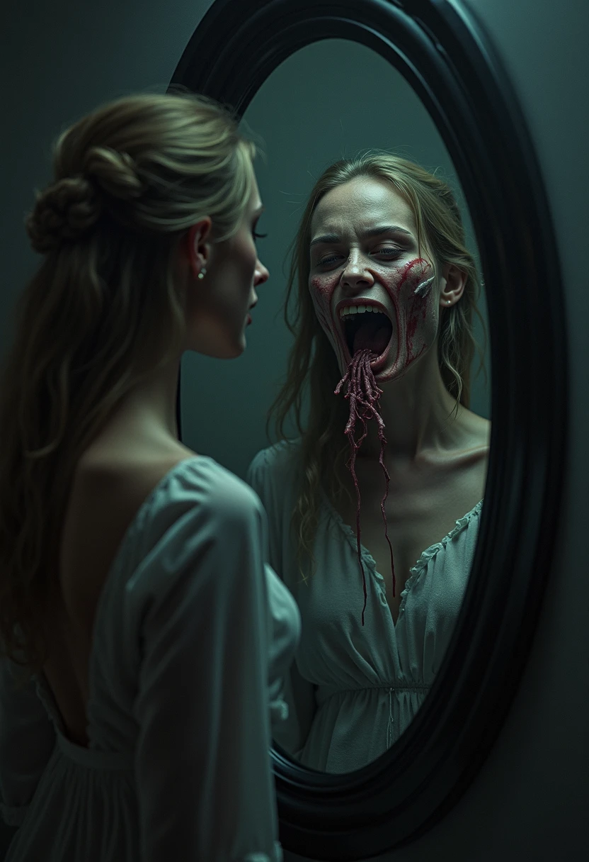 A shocked pretty girl looking in the mirror to see she had become ugly. She has orange hair. One part of her face is ugly. She was cursed 