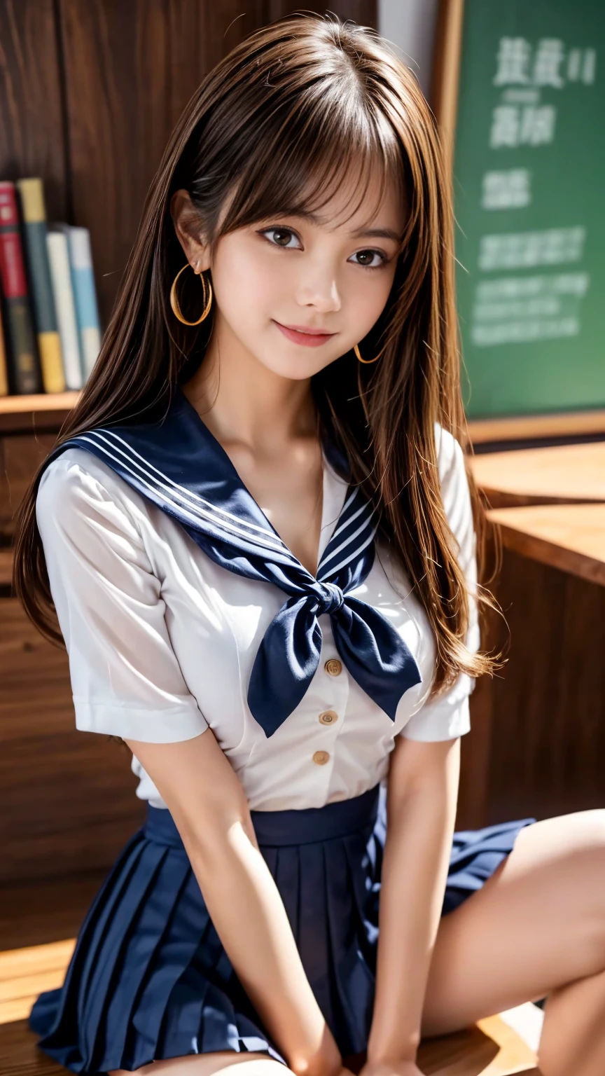 ulzzang-6500-v1.1, (Raw photo:1.2), (Photorealistic:1.4), Beautiful detailed girl, Very detailed eyes and face, Beautiful detailed eyes, Ridiculous, Incredibly ridiculous, Huge file size, Ultra detailed, High resolution, Very detailed, Best quality, Masterpiece, ((One piece decorated with white frills)),illustration, Very detailed, 8k wallpaper, fantastic, fine details, masterpiece, best quality, highly detailed cg uniform 8k wallpaper, light on face, movie lighting, 16 year old girl, (without panties)), (dynamic pose))), (ankle socks), (sitting), white ruffled blouse, blue ruffled skirt, bow tie, cute gravure idol woman, white blouse, blue skirt, White socks, black pumps