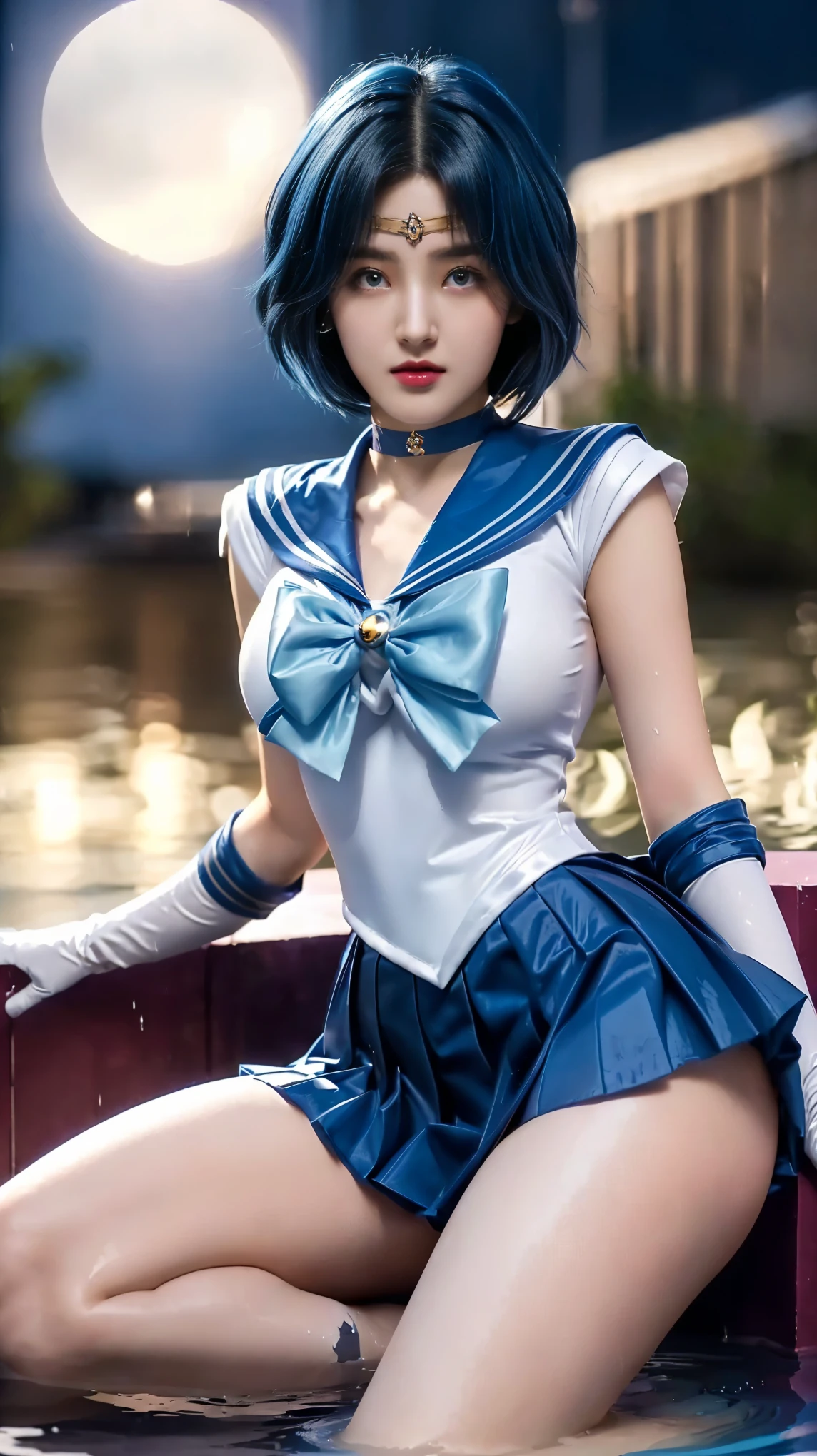 a close up of a woman in a sailor costume posing on a ledge, anime girl cosplay, anime cosplay, cosplay, cosplay photo, realistic cosplay, anime girl in real life, full-cosplay, the sailor moon. beautiful, big breasts, big tall posture, thin lips, shiny lips, pleated skirt, super short mini skirt, ahri from league of legends, photorealistic anime, professional cosplay, sailor uniform, sailor moon style, ((short hair, blue hair, blue eyes, water pool background))