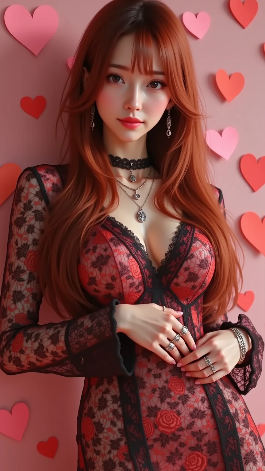 (ultra realistic,32k, masterpiece:1.2),(high detailed skin:1.1),( high quality:1.1),
,(looking at viewer, lying, from above:1.1),, <lora:add_detail:0.97>,
(glow in the dark:1.1),  A place with lots of leaves on the ground and autumn colors blurry background,  
BREAK 1girl, pink hair, ponytail hair, bangs,(aqua eyes:0.8),(makeup, mascara:0.9), (thick\lips\), (smile:0.6), ,   BREAK <lora:Hearts_Blouse_Pencil_Skirt_By_Stable_Yogi:0.7>red heart see-through dress, red Blouse, midriff,  (huge breast:0.9),BREAK red Pencil Skirt