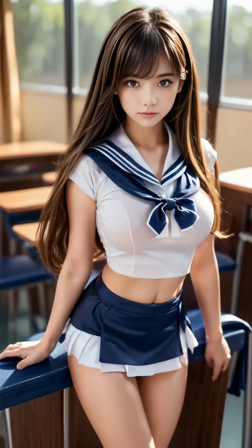 Sailor Moon, Real Life Style, (((Top Quality, Masterpiece: 1.3)), (((Russian Beauty)), 1 Female, , Big: 1.3, Detailed Skin, Slender Body Type: 1.1, Toned Abs, Blonde Semi-Long Hair, Ultra Detailed Face, Detailed Lips, Detailed Eyes, Double Eyelids, Smile, Look Right, Jump, Brown Eyes, Super Wide Shot, Yotsubai, Full Body, School, Classroom, Sit at a Desk, Desk, Sailor Moon, Super Wide Shot