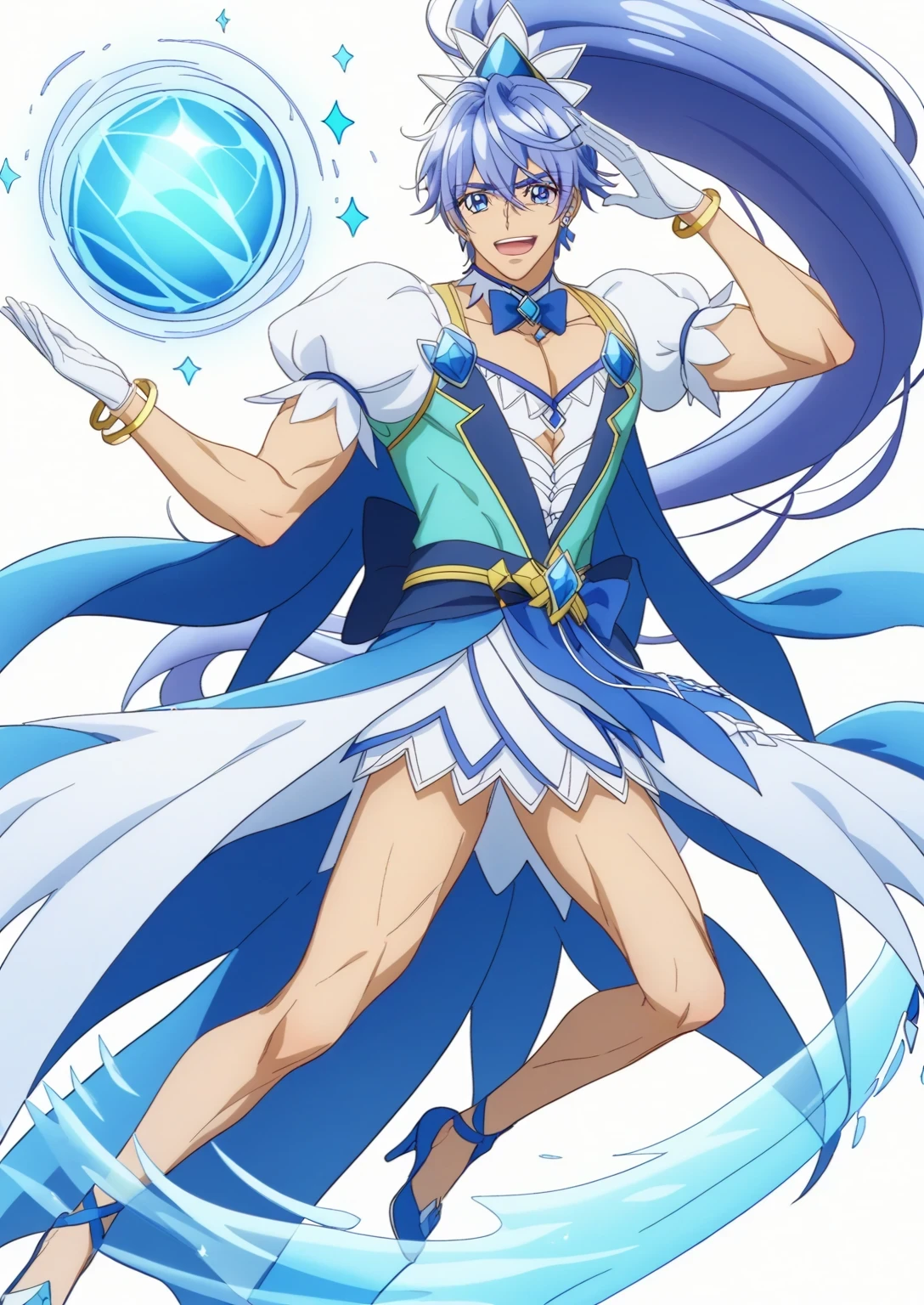 score 9 、score 8 up、score 7 up、source anime、 Masterpiece、 top quality、 Hi-Res、anime coloring、1boy 、cure diamond、(male:1.55)、Close up of a blue-haired boy cartoon character、Alone、portrait of Magic Boy、 Boy in a White and Blue Dress 、Long Legged 、Heavenly Aura、high long ponytail hair、Ice Aura、White and blue mini skirt、white puffy sleeves、white gloves、yellow bracelet 、blue waist bow、Bare legs、Bare thighs、 white high heels、 Symphogear Flavor 、 Long Dark Blue Haired Boy 、 Prince of Sapphire 、 official character art 、style of Magic Boy、Magic Boy、 Anime Boy 、 Official Art、 Hi-Res、perfect costume、sparkling Magic Boy、(manly:1.55)、 With Shining Blue Eyes 、perfect body、perfect hands、perfect arms、perfect legs、 male focus、looking at viewer、Alone focus、 cowboy shot、(male body:1.55)、beefcake style、