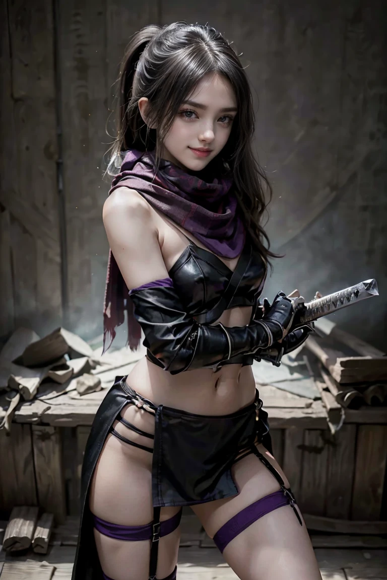highest quality、masterpiece、8k、Realistic、超High resolution、Very delicate and beautiful、High resolution、Cinema Lighting、medium range shooting、Portraiture、Perfect female body、Opposition、Looking at the audience、((Female Mercenary from Another World、Close-fitting leather bib、Black gauntlets with purple trim))、Glamorous body、Flexible body、(Shiny black hair、ponytail:1.3、Sharp Eye)、Throwing knives on shoulder and hip、Stealth Skills、glossy smile、Battlefield of Another World、well experienced、Reward Gold Bag、Loyalty to friendship、People who walk a difficult path々、contract、strategy。
