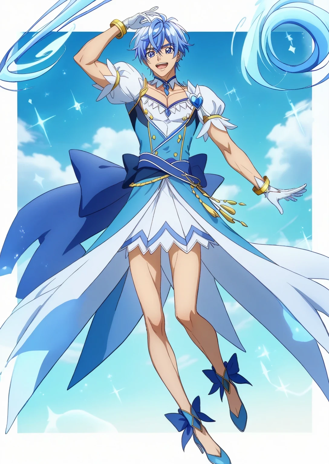 score 9 、score 8 up、score 7 up、source anime、 Masterpiece、 top quality、 Hi-Res、anime coloring、1boy 、cure diamond、(male:1.55)、Close up of a blue-haired boy cartoon character、Alone、portrait of Magic Boy、 Boy in a White and Blue Dress 、Long Legged 、Heavenly Aura、Ice Aura、White and blue mini skirt、white puffy sleeves、white gloves、yellow bracelet 、blue waist bow、Bare legs、Bare thighs、 white high heels、 Symphogear Flavor 、 Long Dark Blue Haired Boy 、 Prince of Sapphire 、 official character art 、style of Magic Boy、Magic Boy、 Anime Boy 、 Official Art、 Hi-Res、perfect costume、sparkling Magic Boy、(manly:1.55)、 With Shining Blue Eyes 、perfect body、perfect hands、perfect arms、perfect legs、 male focus、looking at viewer、Alone focus、 cowboy shot、(male body:1.55)、beefcake style、