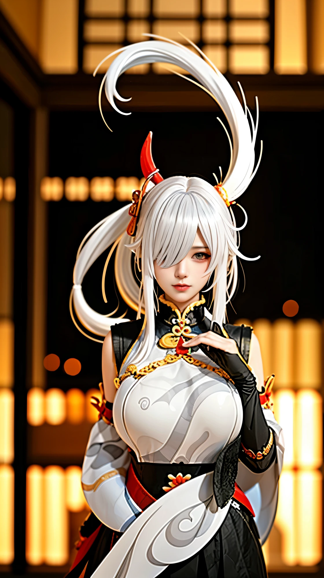 image of a woman with long white hair and chinese martial art clothes, Shenhe from genshin impact, onmyoji portrait, white haired deity, ((bangs)), onmyoji detailed art, beutiful, detailed, detailed background, realistic, photo realistic, beutiful girl, pretty girl, (((hair over one eye))), grey eyes, cosplayer, instagram filter
