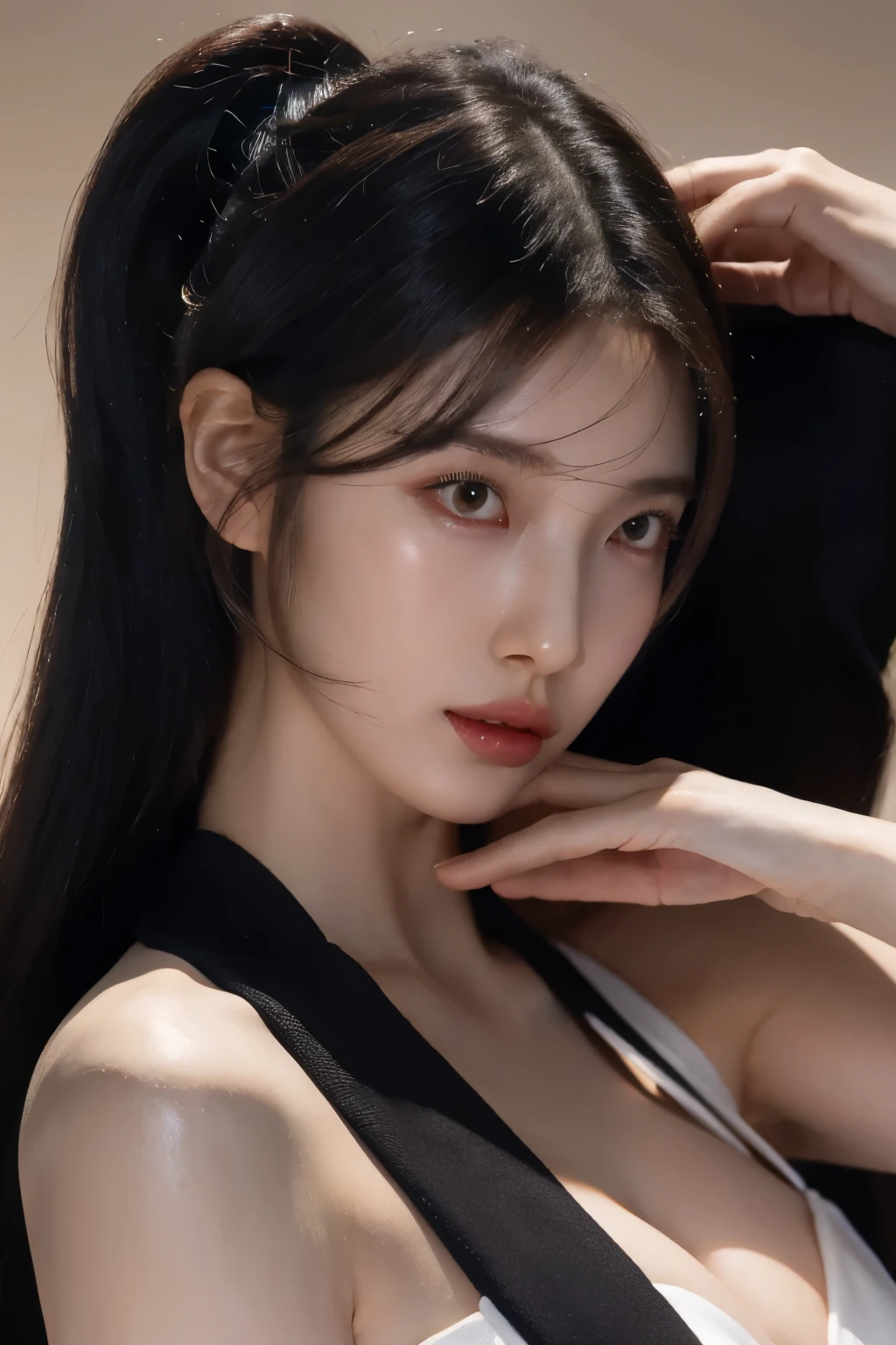 realistic, high resolution, soft light,1 woman, alone, hips up, (detailed face), decorations, toucho,black mafia clothes, Ponytail hairstyle, black hair, My hair is very long., looking for audience, touch, messy hair, close up, small breast, adult, mafia girl boss
