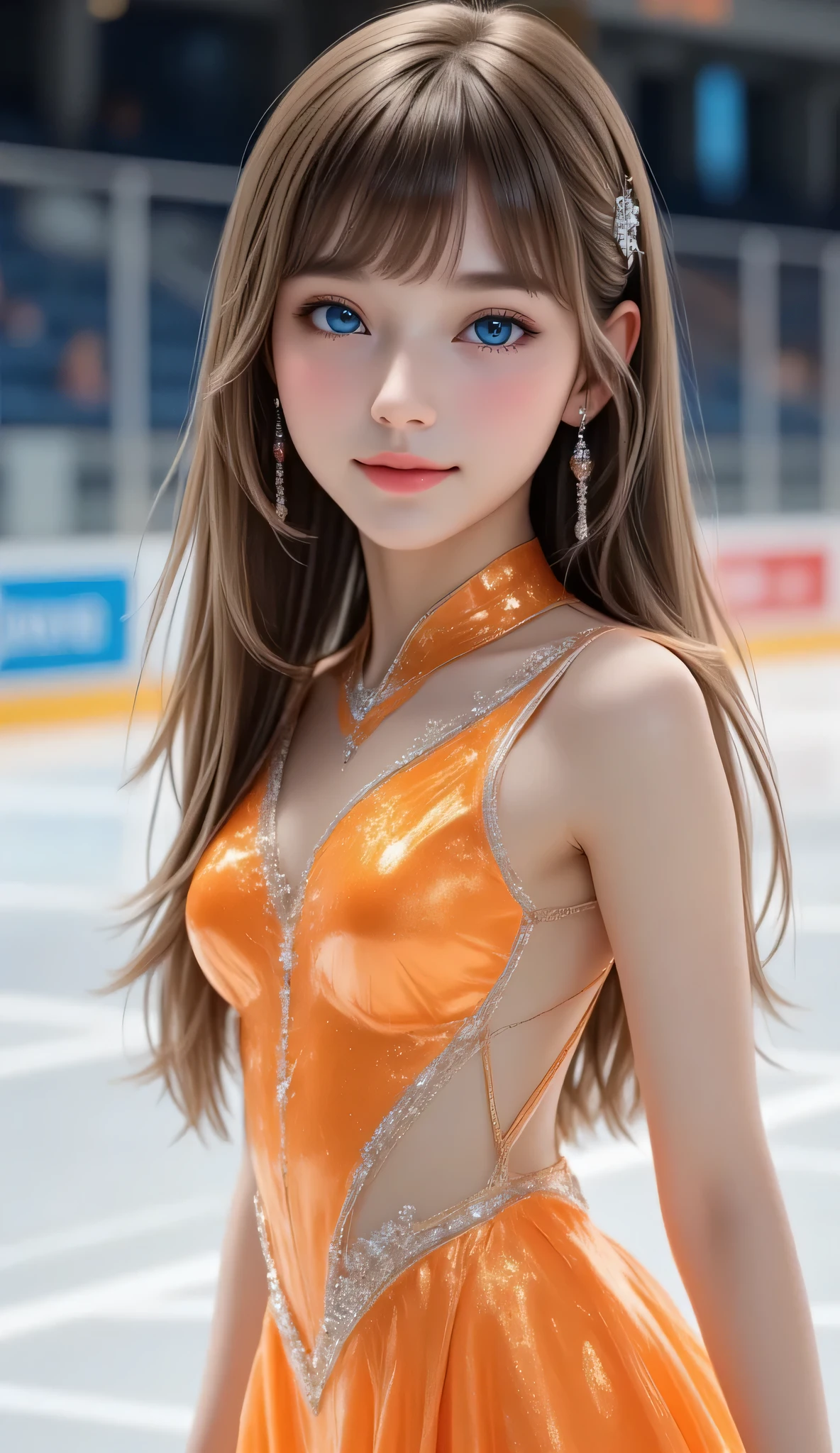 (super cute face:1.1),very beautiful cute girl,(:1.2),fair skin,(happy cheerful smile),professional photograph ,very cute figure skating uniform,skating pose,(super shiny metallic orange transparent holographic costume:1.2),
skating arena stadium,beautiful knees