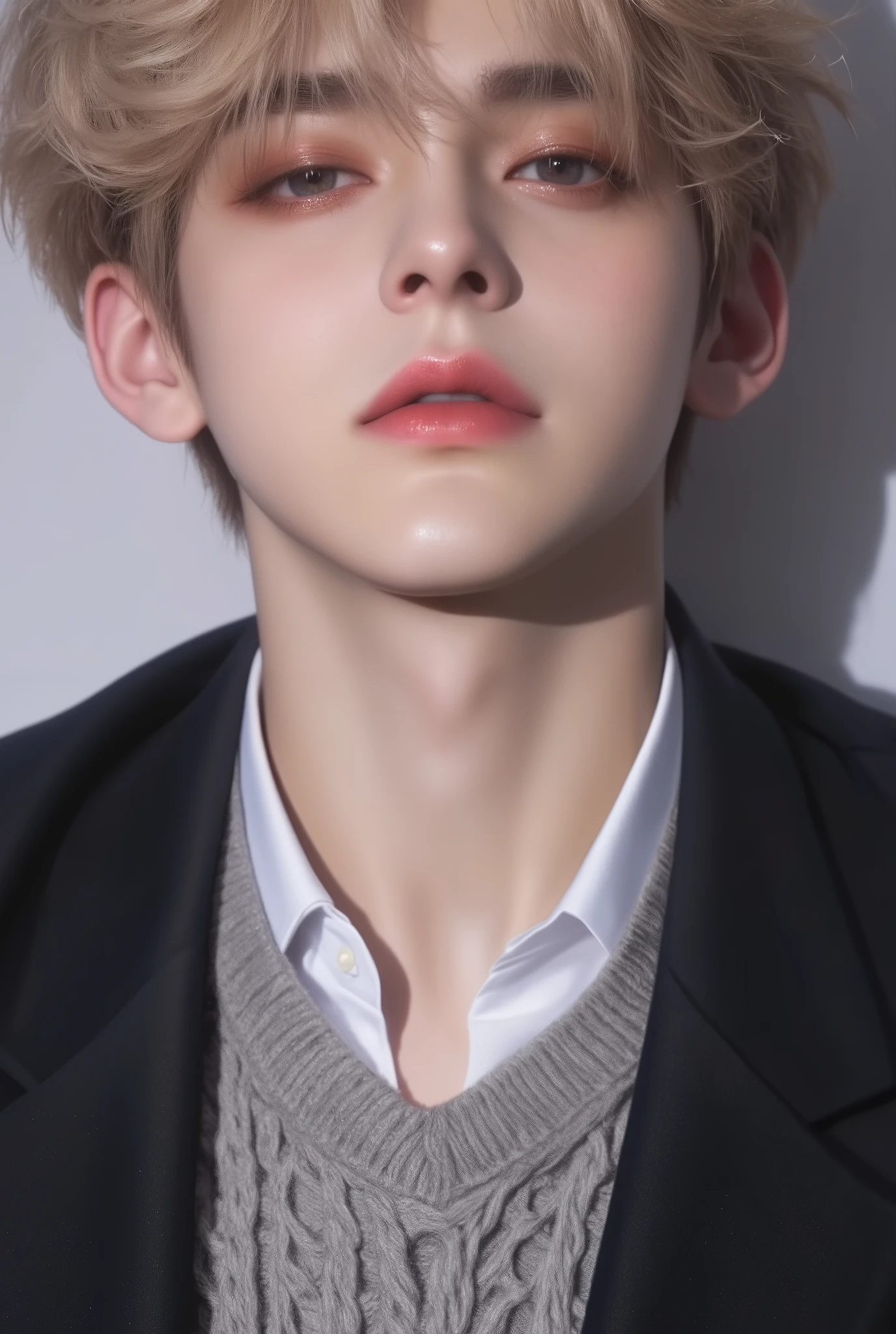 Boy, blonde hair, blue eyes, serious cold sharp features, light white skin, shiny pink lips, handsome, perfect, wearing a sweater, formal jacket, high resolution, clear colors .