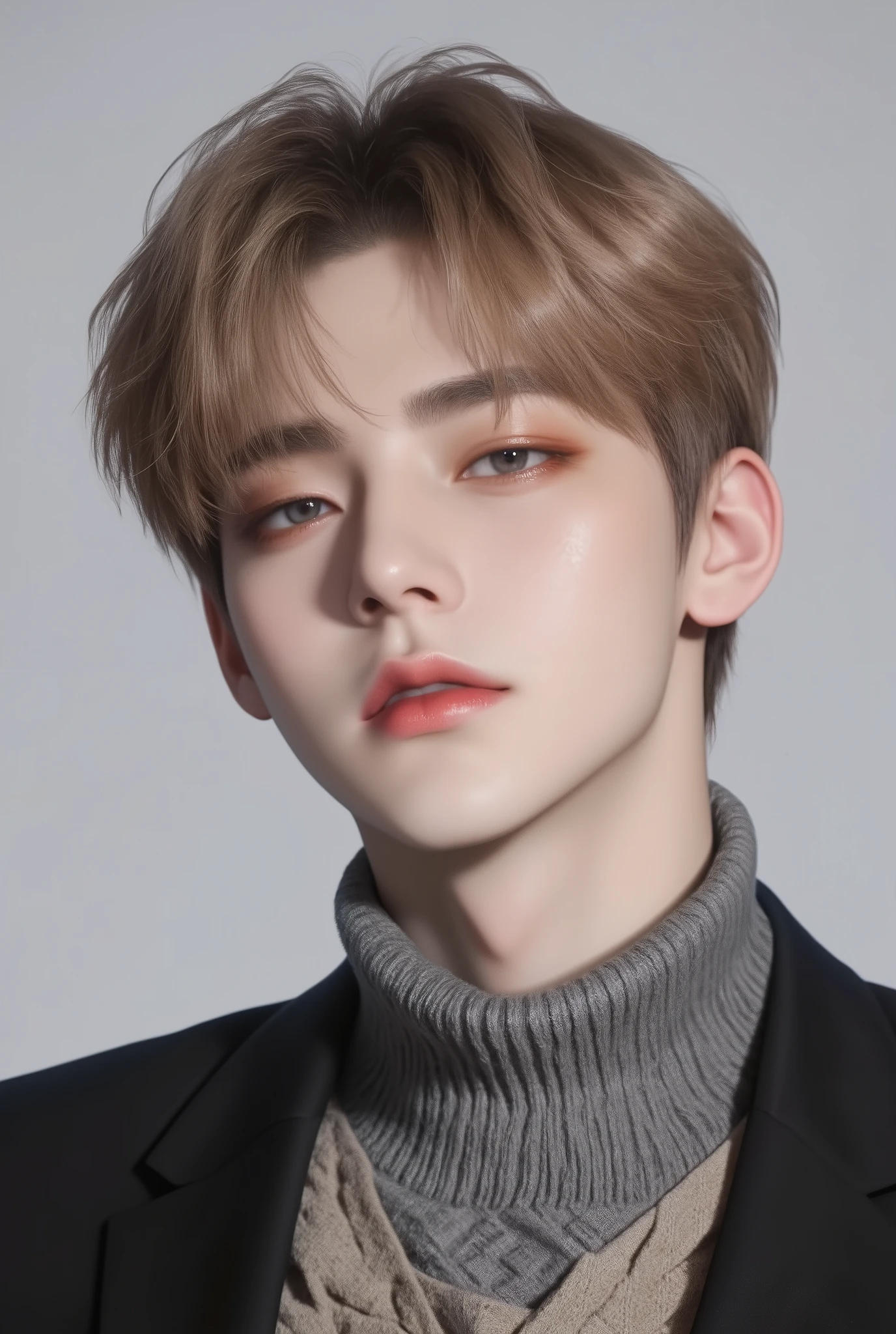 Boy, blonde hair, blue eyes, serious cold sharp features, light white skin, shiny pink lips, handsome, perfect, wearing a sweater, formal jacket, high resolution, clear colors .