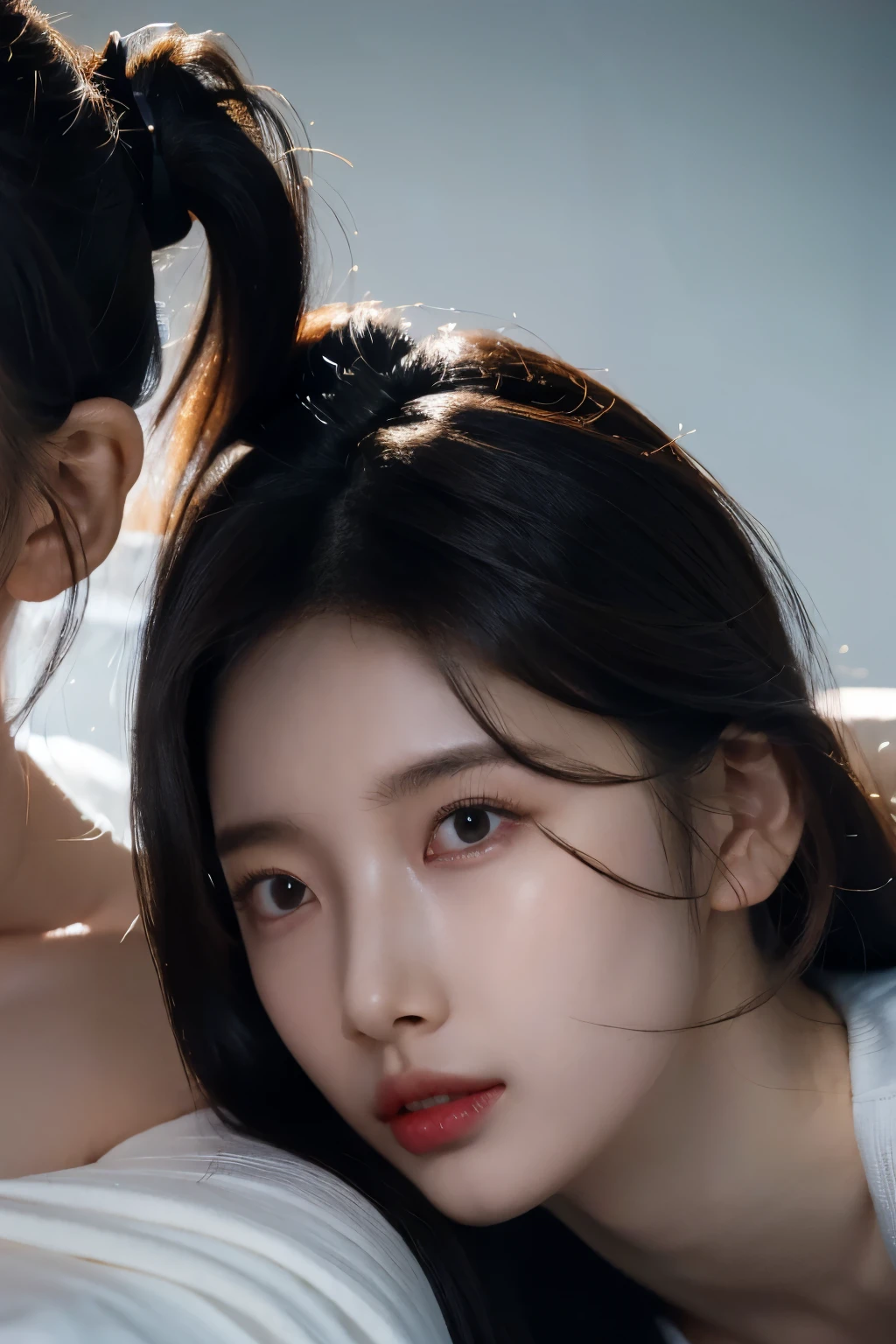 realistic, high resolution, soft light,1 woman, alone, hips up, (detailed face), decorations, toucho,black mafia clothes, Ponytail hairstyle, black hair, My hair is very long., looking for audience, touch, messy hair, close up, small breast, adult, mafia girl boss
