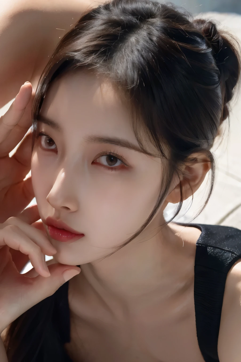 realistic, high resolution, soft light,1 woman, alone, hips up, (detailed face), decorations, toucho,black mafia clothes, Ponytail hairstyle, black hair, My hair is very long., looking for audience, touch, messy hair, close up, small breast, adult, mafia girl boss