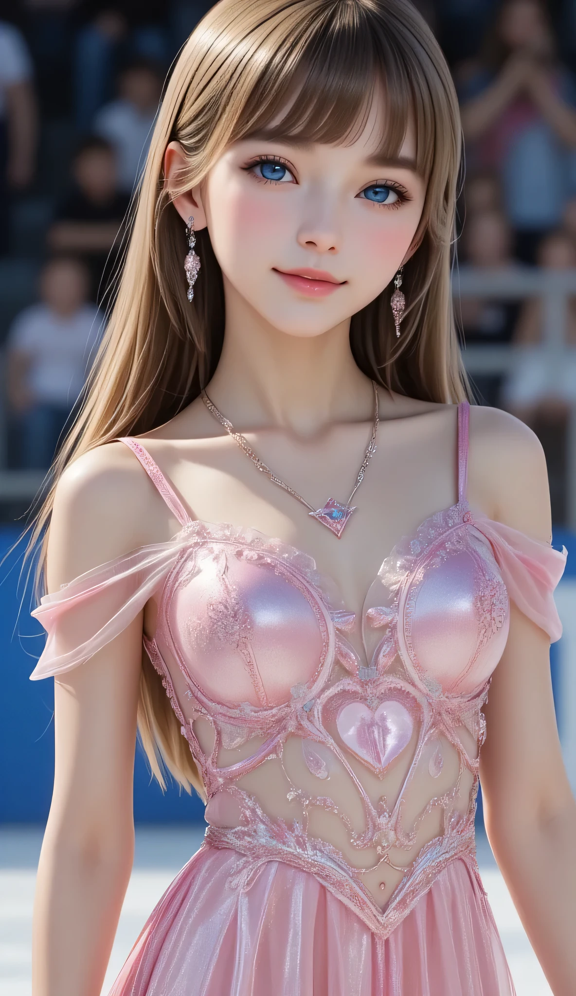 (super cute face:1.1),very beautiful cute girl,(thirteen years old:1.2),fair skin,(happy cheerful smile),professional photograph ,very cute figure skating uniform,skating pose,(super shiny metallic pink transparent holographic costume:1.2),
skating arena stadium,beautiful knees