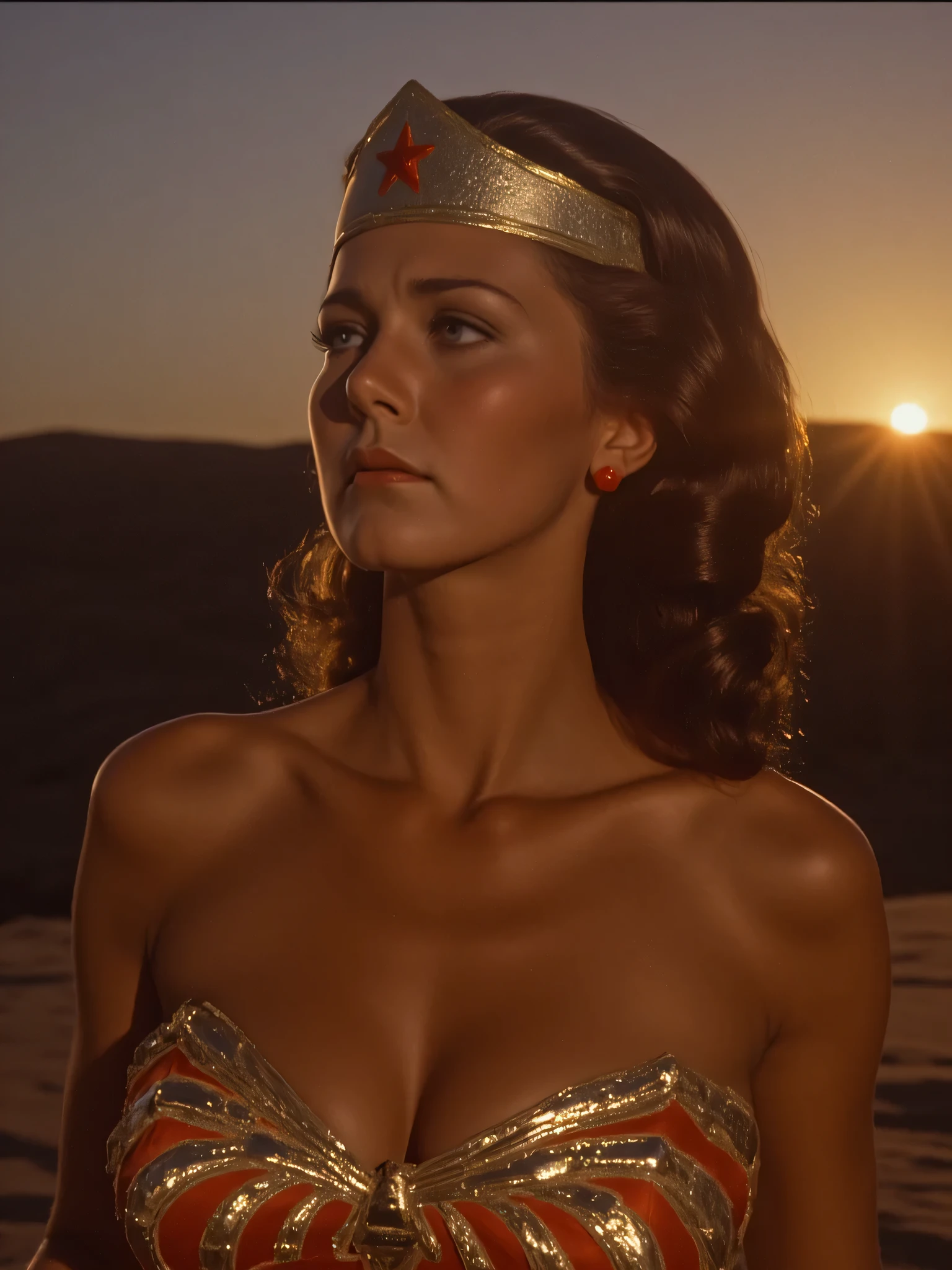 8k,  top quality, live-action,  A picture of Linda Carter's Wonder Woman who is young, beautiful, and perfect, A scene from a TV show ,  beautiful sunset at a late night with warm, misty lighting , Standing with a composition that captures the whole ,  alone in the desert dunes ,  beautiful legs and can hardly walk away ,  she's crying and asking for help . Great breasts,  thin waist, I'm looking at a , Well-groomed legs shine ,  high heel boots. Alone,  top quality,  by Nomi, photo by Nomi, ( complicated details:1.2), ( delicate details without lighting), ( dim lighting)  clear line,  sharp concentration,  by Nomi face,  detailed face, Unity 8k Wallpaper,  ultra high resolution, (photo by Nomi:1.4),  I'm looking at the viewers,  full body shot