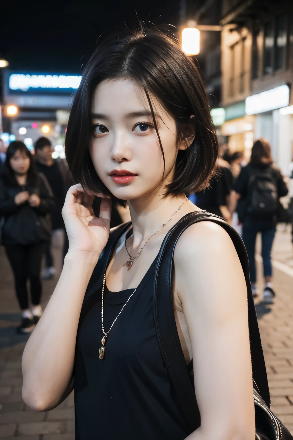 ((Masterpiece, high quality, best quality, ultra detailed, RAW Photo, 4k)), 1 girl, tomboy girl, short hair, have two hair layers, black hair, perfect eyes, perfect face, delicate face, perfect eyelids, pale skin, (wearing street outfit oversize), (brown backpack), perfect hands, perfect fingers, in the street, crowded people, (wearing small necklace)
