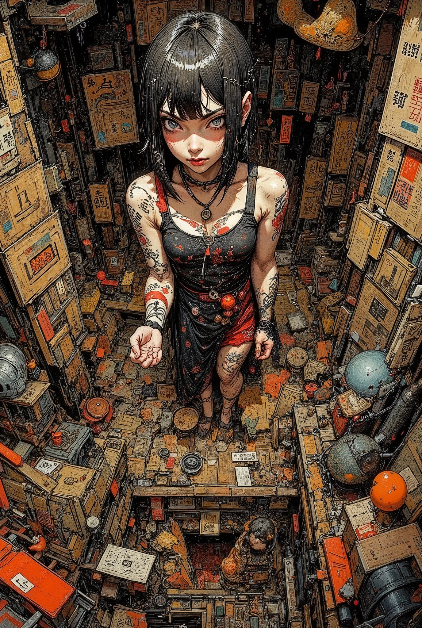 (High Definition, masterpiece, Accurate, top quality, High Definition model, high detail, (((The textures are soft))), ((matte and toy-like with a handmade premium look)), (((Tim Burton style))), dark, Woman in Japanese dress, HD, Asymmetric, Visualization of the Inner World of a Crazy Spirit, Every detail, Hidden Details, Resonance of Ripples, Japanese-style entrance with sliding doors, Earthen floor, entrance with a structure with steps, Japanese costumes, bob cut, Sumi painting on Japanese paper, ink painting style, contrasts of details and blur, Japanese kimono costumes, ((View from above)), reaching towards viewer, 