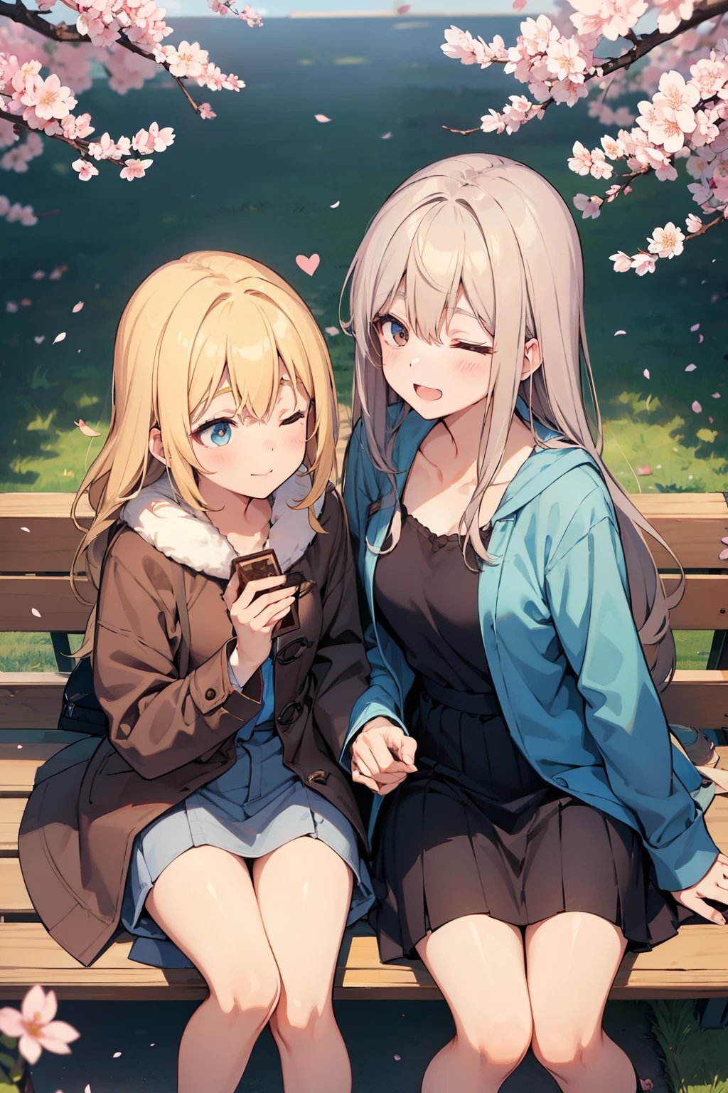 4K、2 beauties、Park with cherry blossoms 、 long hair、Brown hair on the right、The girl on the left has blond hair 、 I'm wearing a long coat 、The beautiful woman on the left has her eyes closed、Face collapse prohibited、 no finger loss 、Heart-shaped chocolate in hand、Draw from above the knee to the tip of the head、 sitting on a bench 、small paper bag on a bench、The beautiful woman on the right makes the left eat chocolate、Height 1.5 meters、Weight 45kg、The beautiful woman on the right has a shy face、