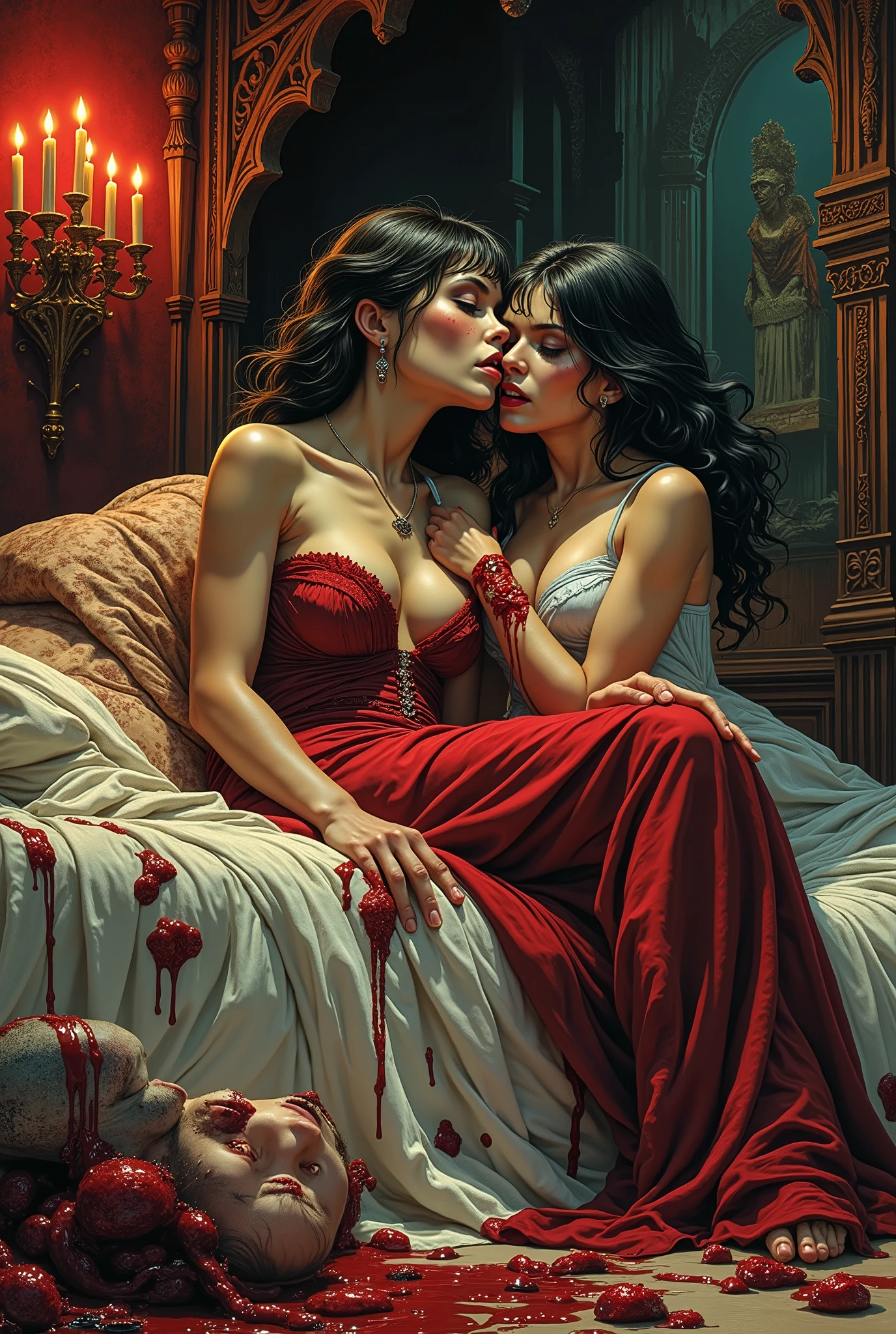 comic book cover for "LE VAMPIRE INCESTEUX", "TWIN TERROR! TWIN PLEASURE!" (lurid horror font, red letters with black embossed outline), shows comic book price and publisher, paper is old and torn, collector's item, vampire sisters, in bed in a gothic castle, drinking blood from a severed human hand, a dead village girl on the floor, fumetto style, classic horror comics design, Bernie Wrightson, Graham Ingels, Frazetta, Basil Gogos, vivid lurid details and color, intricate, HD, 8x
