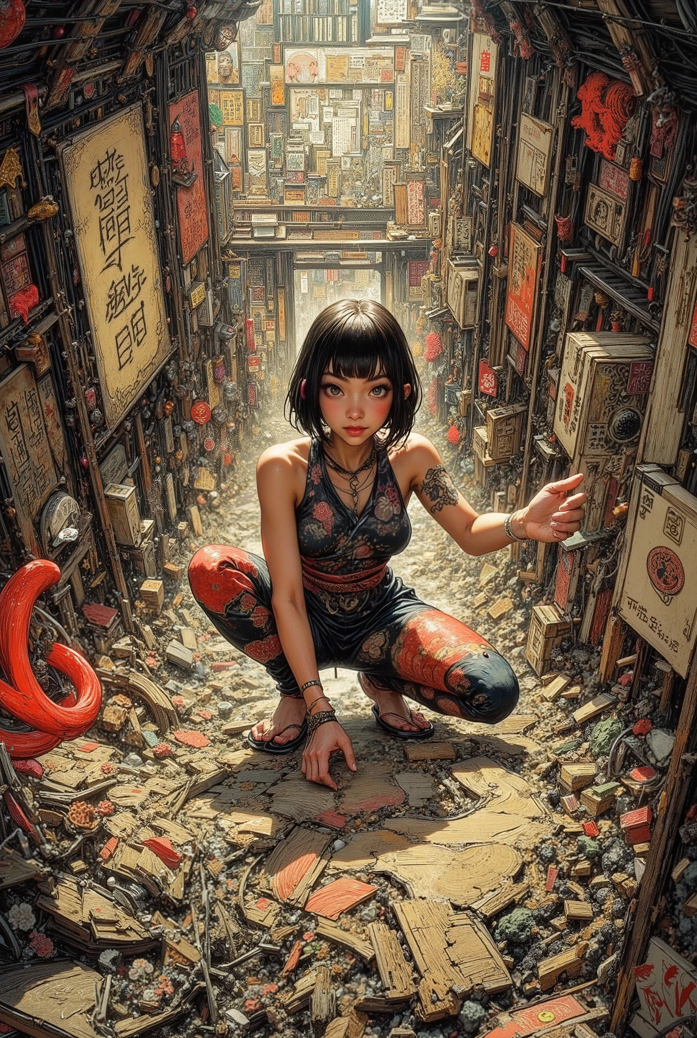(High Definition, masterpiece, Accurate, top quality, High Definition model, high detail, (((The textures are soft))), ((matte and toy-like with a handmade premium look)), (((Tim Burton style))), dark, Woman in Japanese dress, HD, Asymmetric, Visualization of the Inner World of a Crazy Spirit, Every detail, Hidden Details, Resonance of Ripples, Japanese-style entrance with sliding doors, Earthen floor, entrance with a structure with steps, Japanese costumes, bob cut, Sumi painting on Japanese paper, ink painting style, contrasts of details and blur, Japanese kimono costumes, ((View from above)), reaching towards viewer, squatting, 
