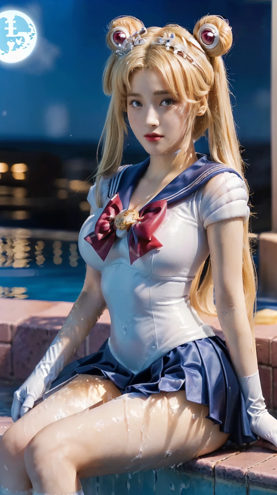 a close up of a woman in a sailor costume posing on a ledge, anime girl cosplay, anime cosplay, cosplay, cosplay photo, realistic cosplay, anime girl in real life, full-cosplay, the sailor moon. beautiful, big breasts, big tall posture, thin lips, shiny lips, pleated skirt, super short mini skirt, ahri from league of legends, photorealistic anime, professional cosplay, sailor uniform, sailor moon style, ((blonde hair, twin buns, bangs hair, tiara, cuker, long gloves, water pool background))