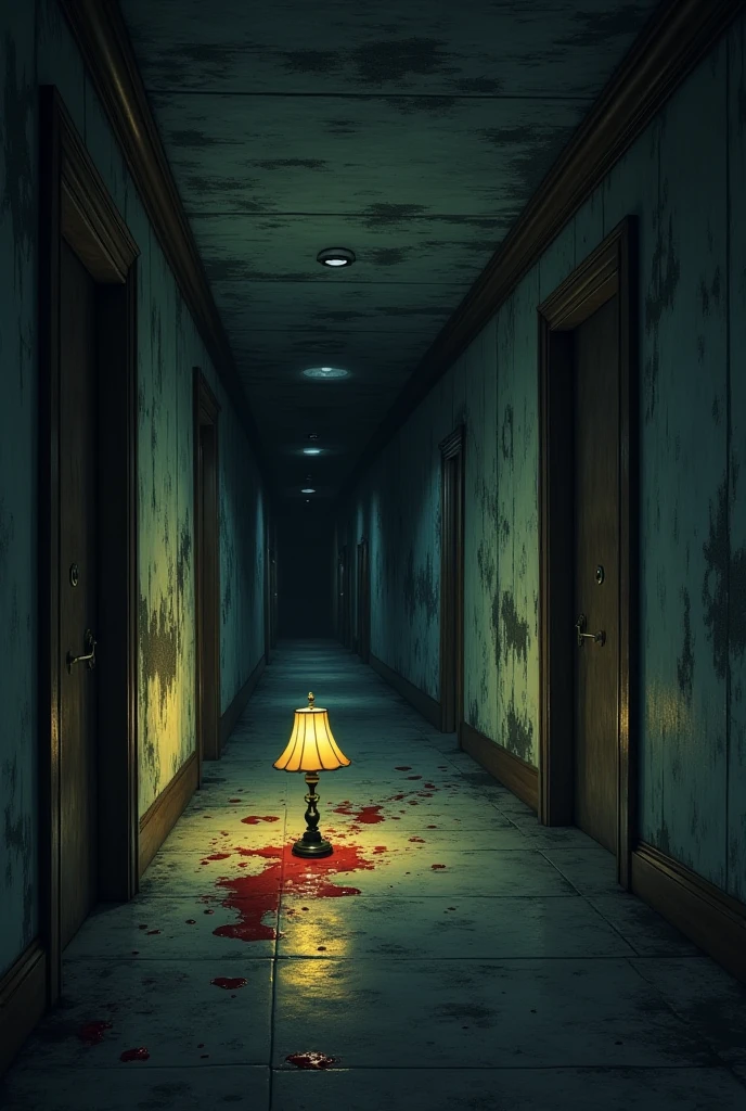 In a long and narrow corridor with stained and cracked gray concrete walls, flickering fluorescent lights cast unsettling shadows. The floor is made of worn and dirty tiles. On the ceiling, at the end of the corridor, a dimly glowing red exit sign is covered with slowly dripping blood stains. Near the exit sign, blood smears on the nearby walls suggest a recent violent event. The weak and irregular lighting creates deep and distorted shadows, highlighting the exit sign with its blood marks, resulting in a dramatically impactful and disturbing image.
