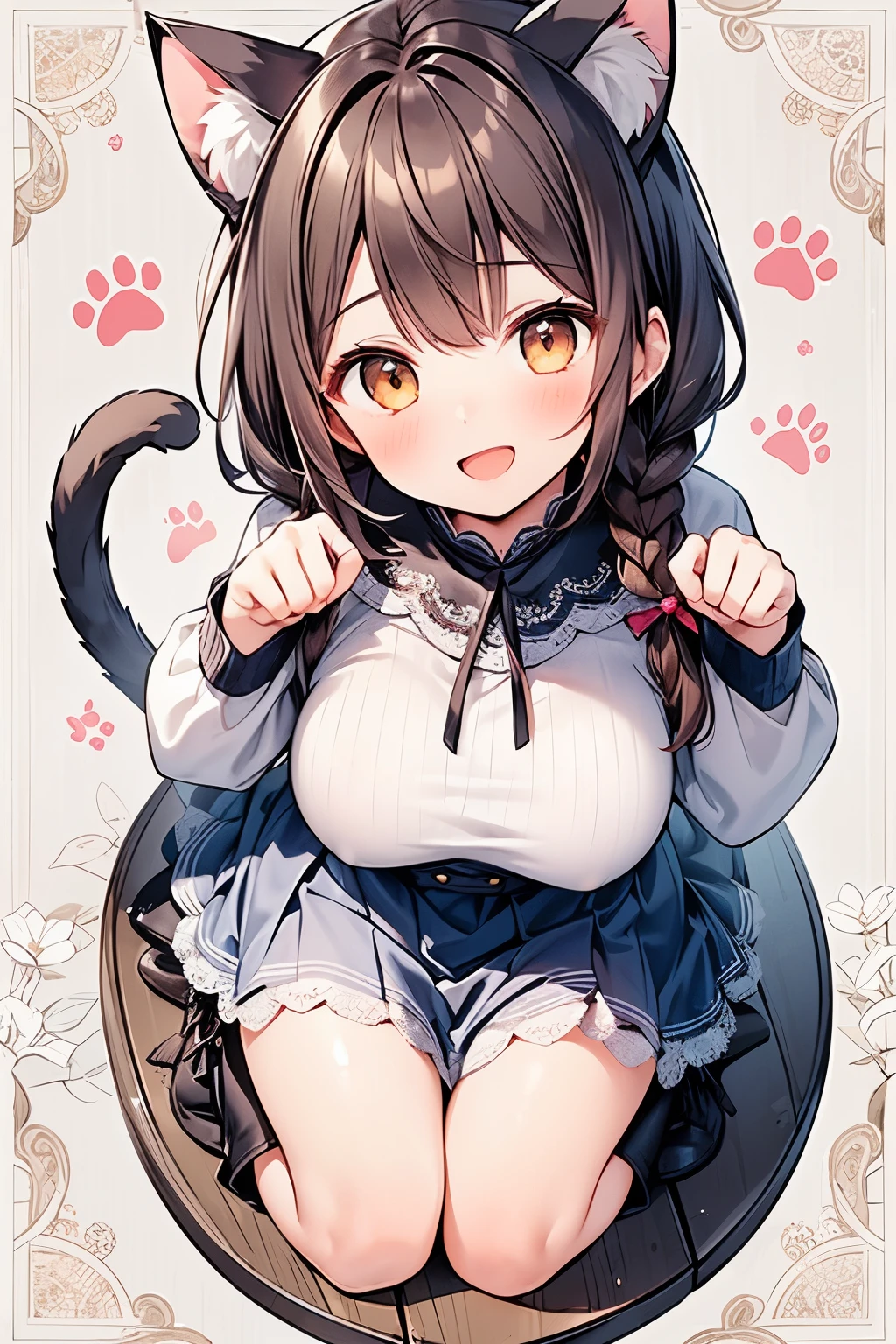 Anime girl with cat ears sitting on a wooden bench - SeaArt AI
