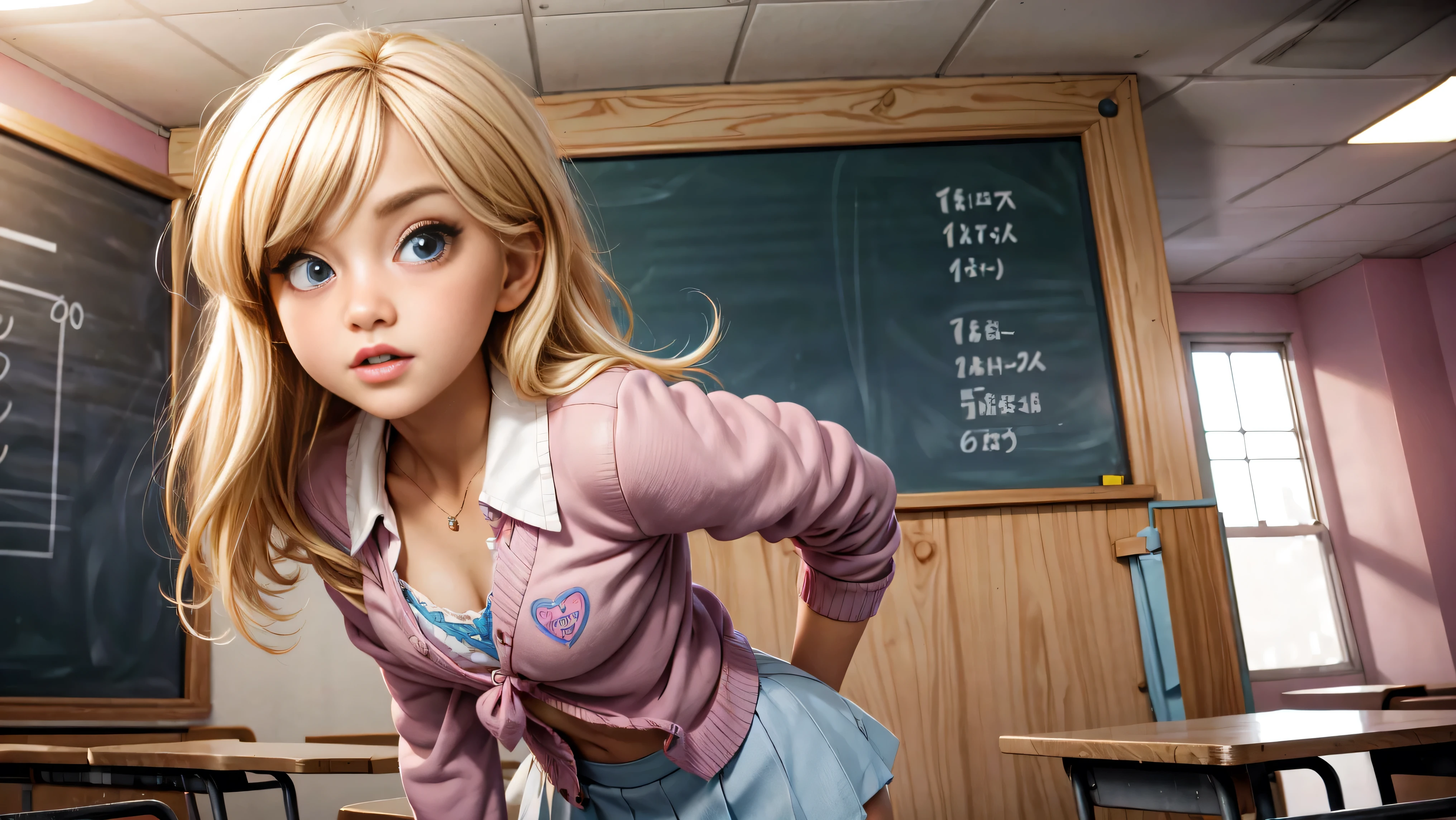 Cute  blonde girl wearing revealing pink high-school uniform in classroom, sexy, petite, blue eyes, popular girl, standing in front of the chalkboard, 