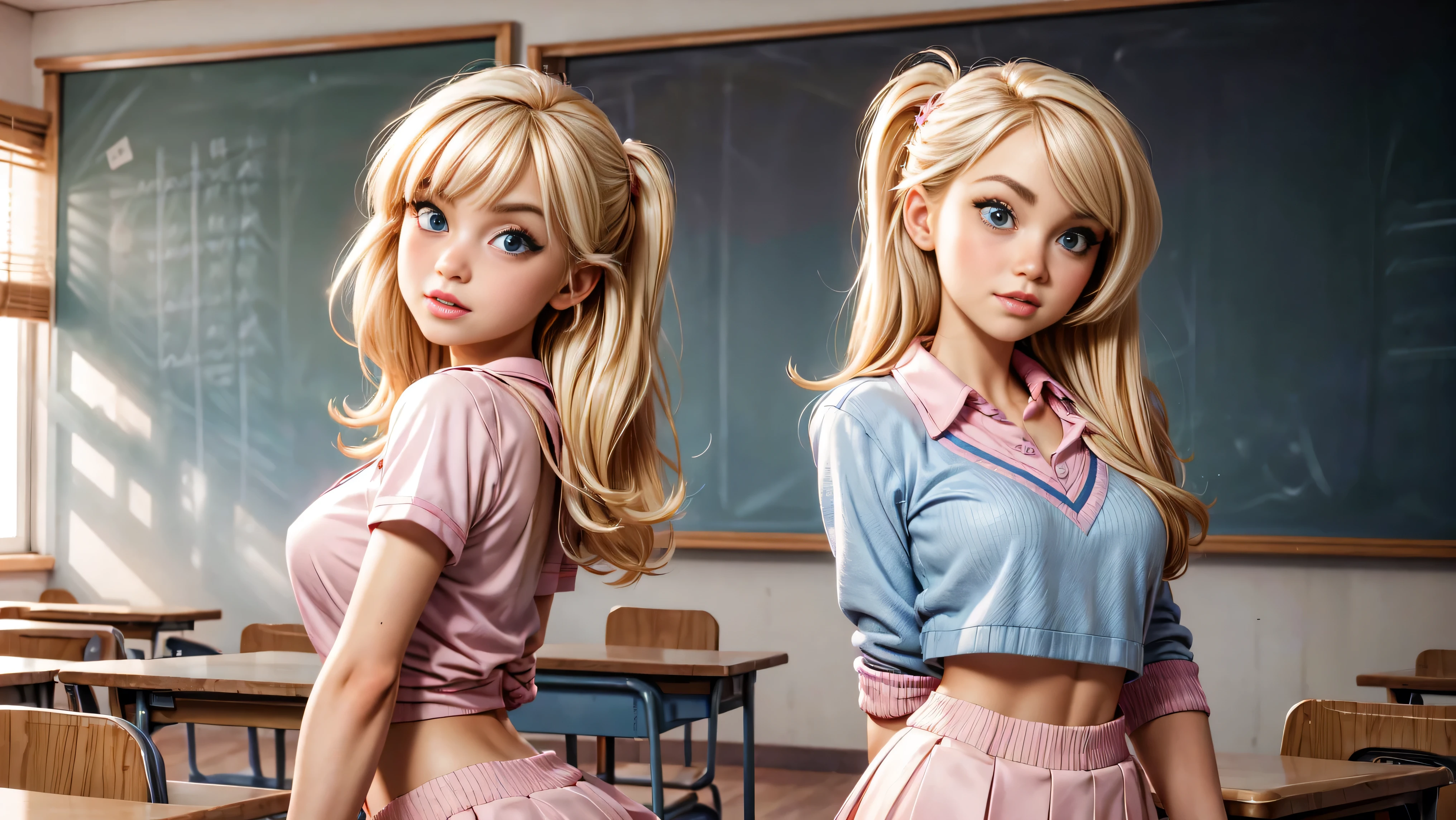 Cute blonde girl wearing revealing pink high-school uniform in classroom, sexy, petite, blue eyes, popular girl, standing in front of the chalkboard,