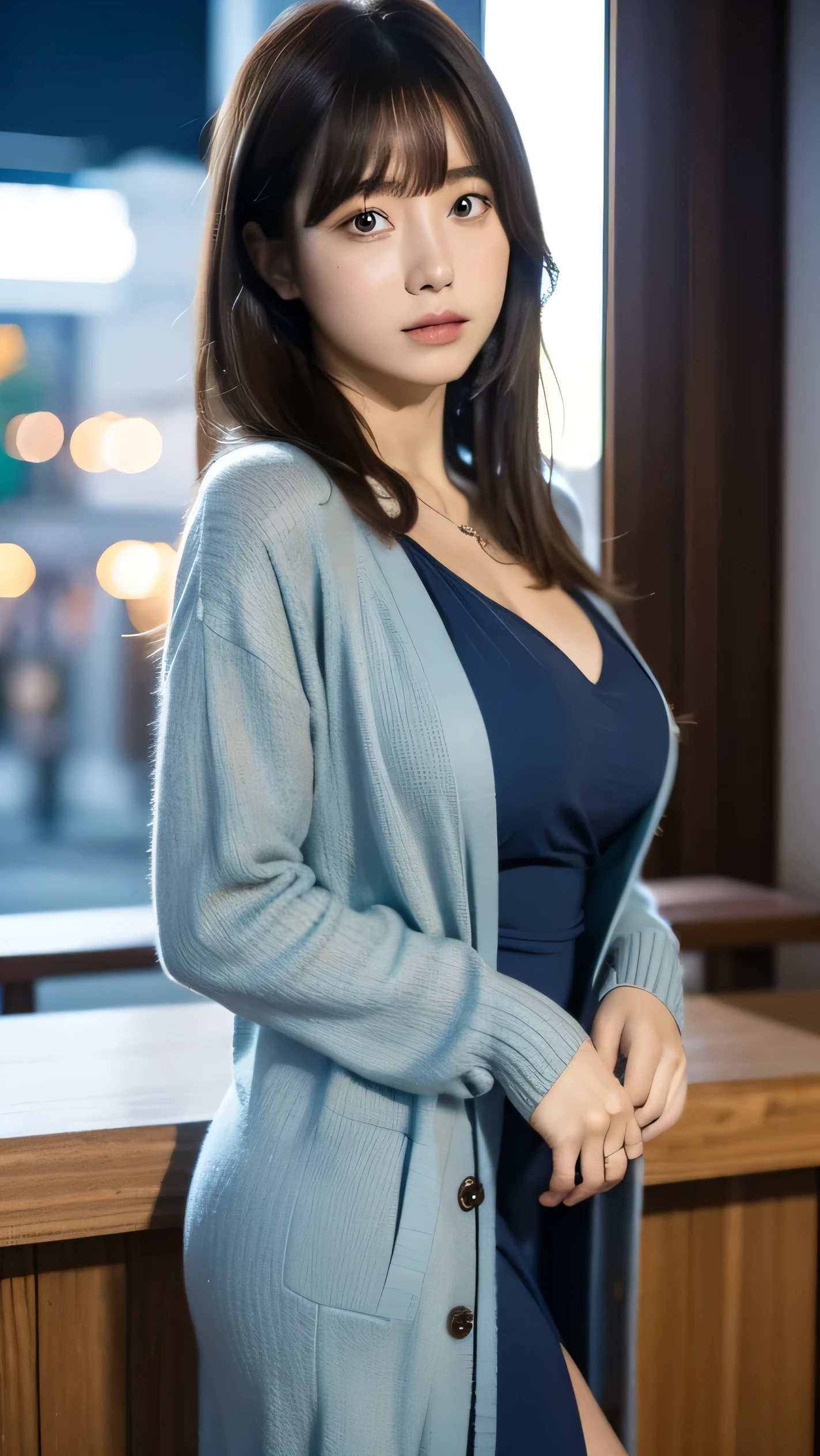 1 girl, solo, long hair, Hi-Res, Anatomically Correct , top quality, bangs, blue dress, Cardigan, night view,Yokohama