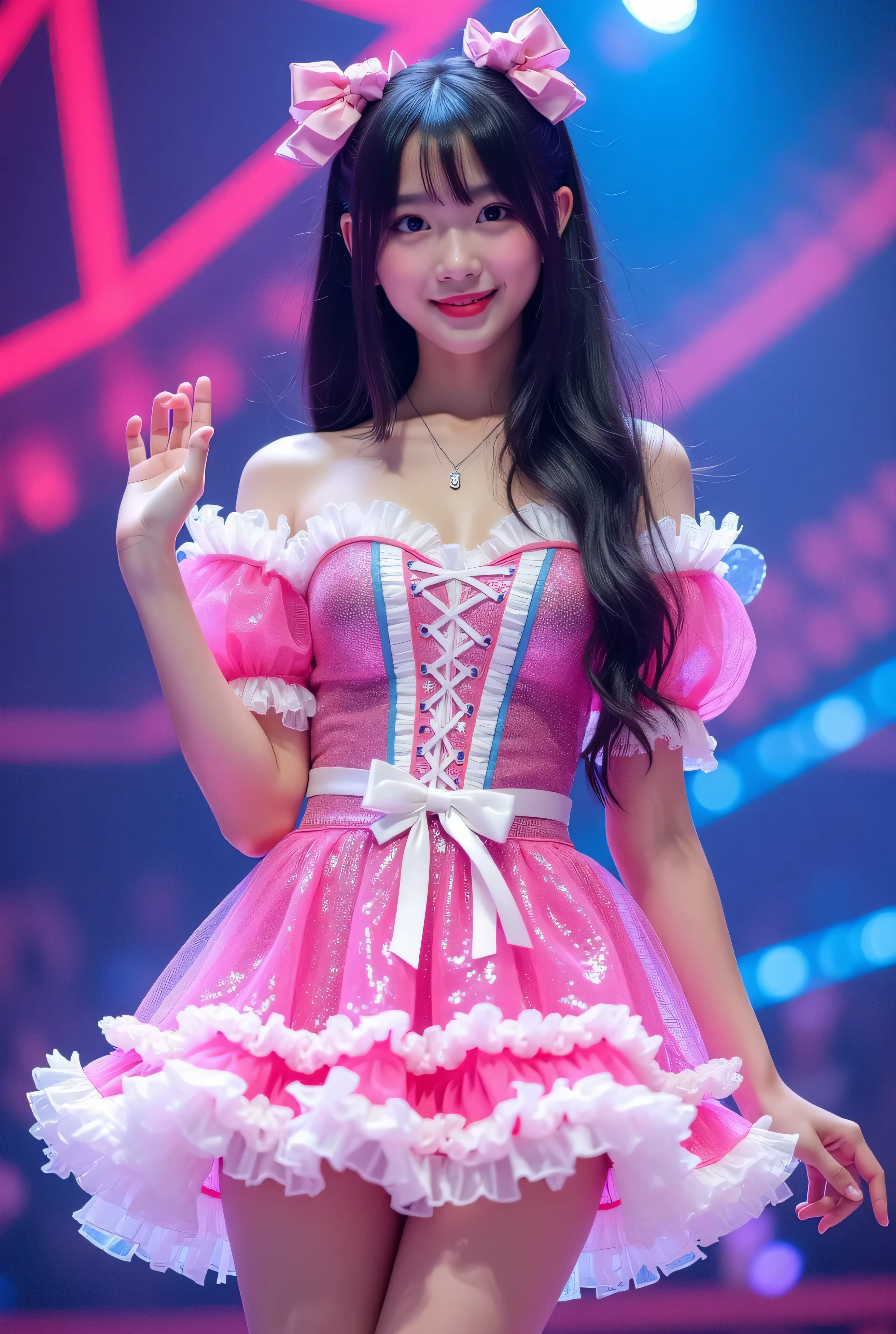 Create a highly detailed, realistic image of a young woman with long, dark hair styled with two small pink bows on either side. She is wearing a vibrant and transparent shinning glossy pink short dress that has a layered, frilly design with white ruffled edges on the sleeves and neckline. The dress has intricate lace-up details on the front, with white ribbons crisscrossing over the bodice. A large, white bow is tied around her waist, and the skirt is layered with multiple ruffles, alternating between white and pink frills. The upper part of the dress has a mix of white and blue accents, especially around the shoulders, giving it a lively, idol-like appearance. The girl’s expression is cheerful and playful, with a radiant smile, captured both in performance and posing with a slightly pensive look. Ensure that her outfit appears shiny and glossy, reflecting stage lights, and incorporate a vivid, performance-like atmosphere in the background.