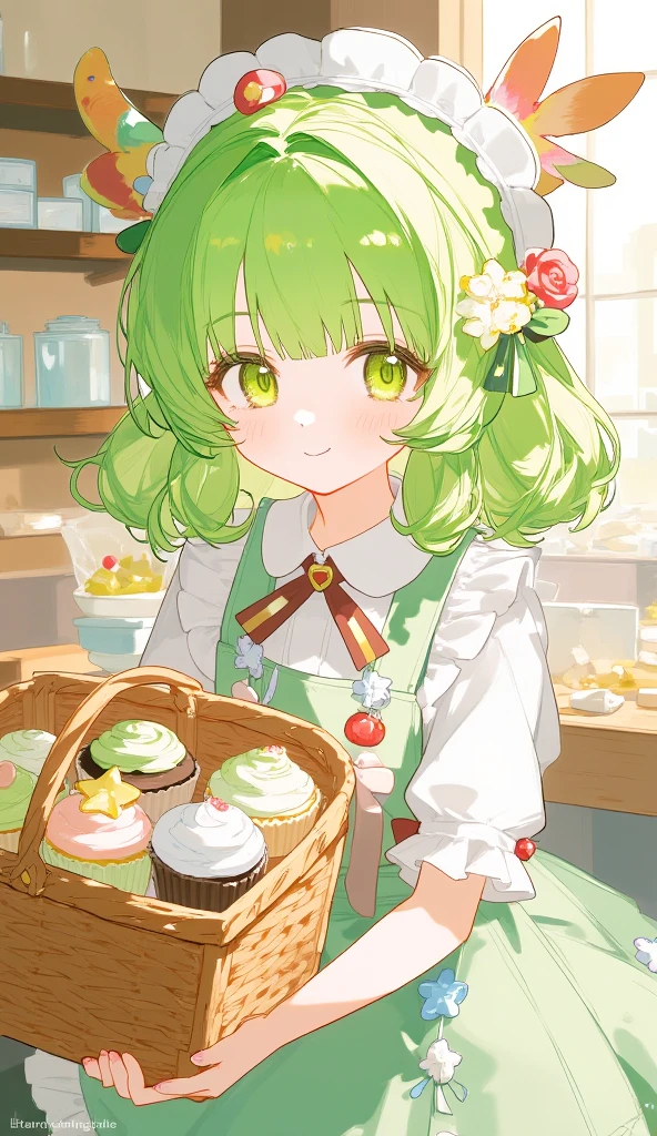 azhiichigo style，big eyes, thick lines, cute, 1girl, patisserie, limegreen, (bright green hair, yellow eyes,)saturated color, green hair, round animal ears, open mouth, long green nails, jumping, beautiful citrus, pattern background, detailed bakery setting, cute soft colors, gray, silver eyes, silver hair,