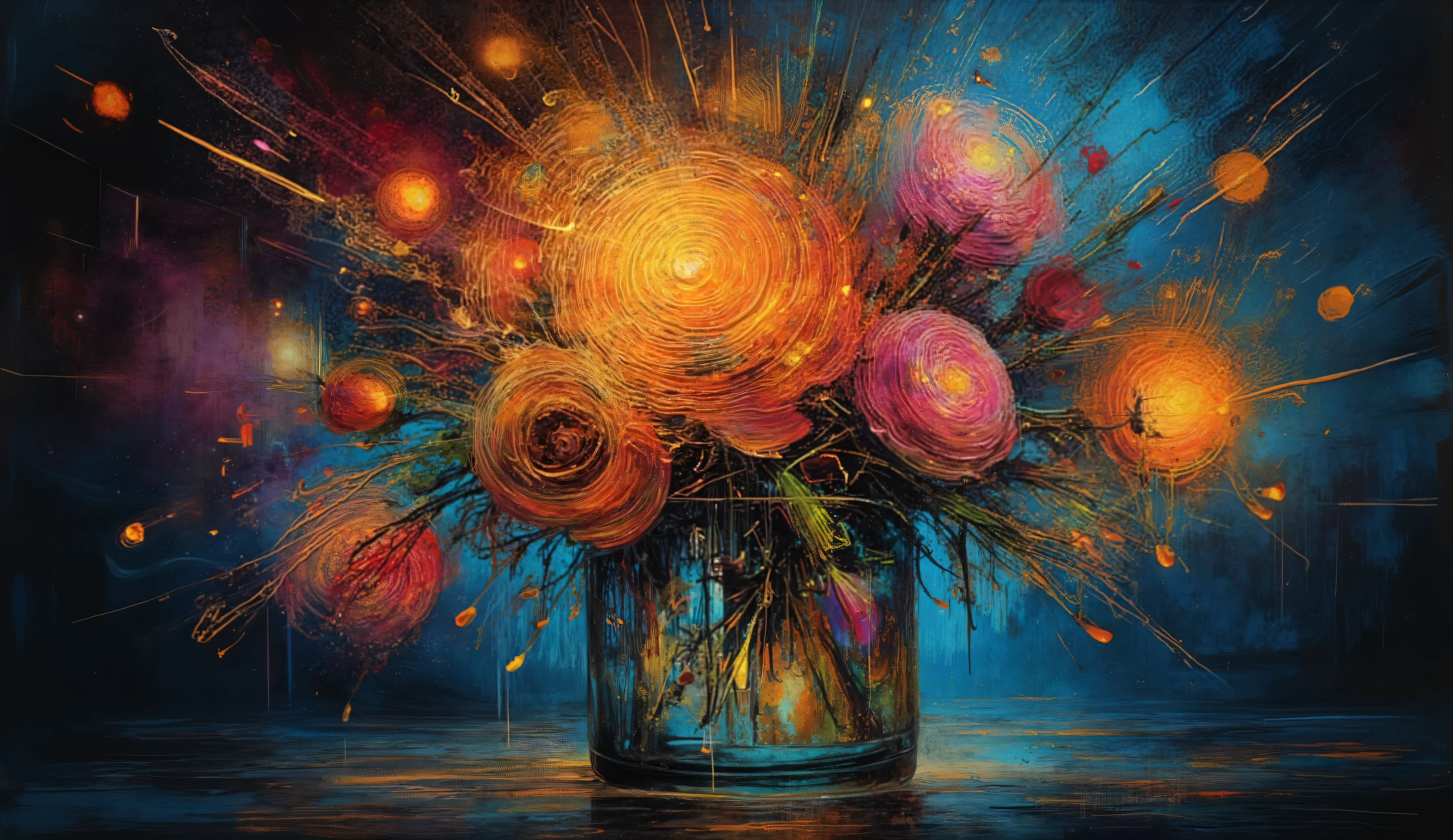 surreal artistic digital painting of flowers following a mathematical spiral pattern, dramatic ink splashes and drips in black, layered with impressionist brushstrokes in vibrant colors, double exposure effect blending geometric patterns with organic forms, moody dramatic lighting with soft glow, arranged in a clear glass vase on a reflective surface