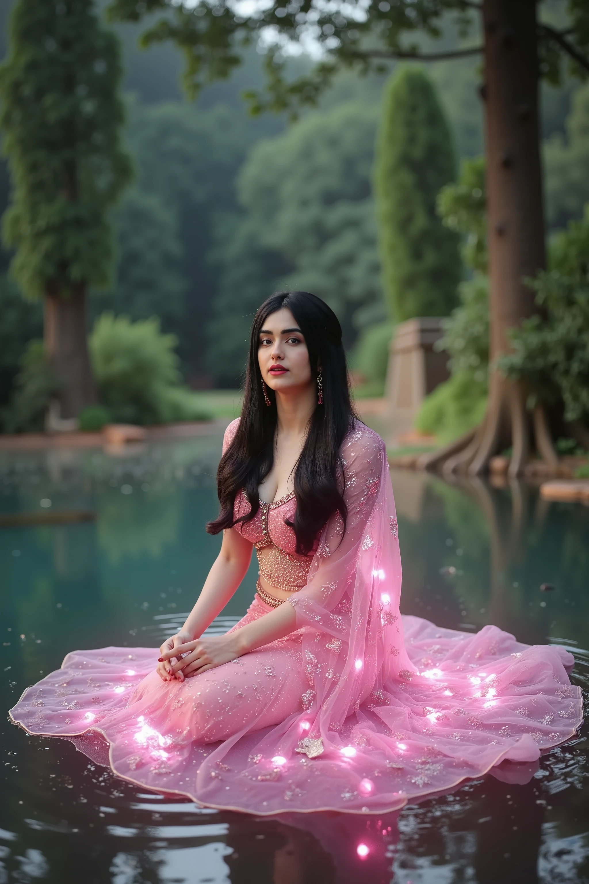 Visual sinematic rantasy From top looking at camera beautiful woman pink neon aura hieroglyphic dress in fairy tale land Sit on calm forest lake fire fly