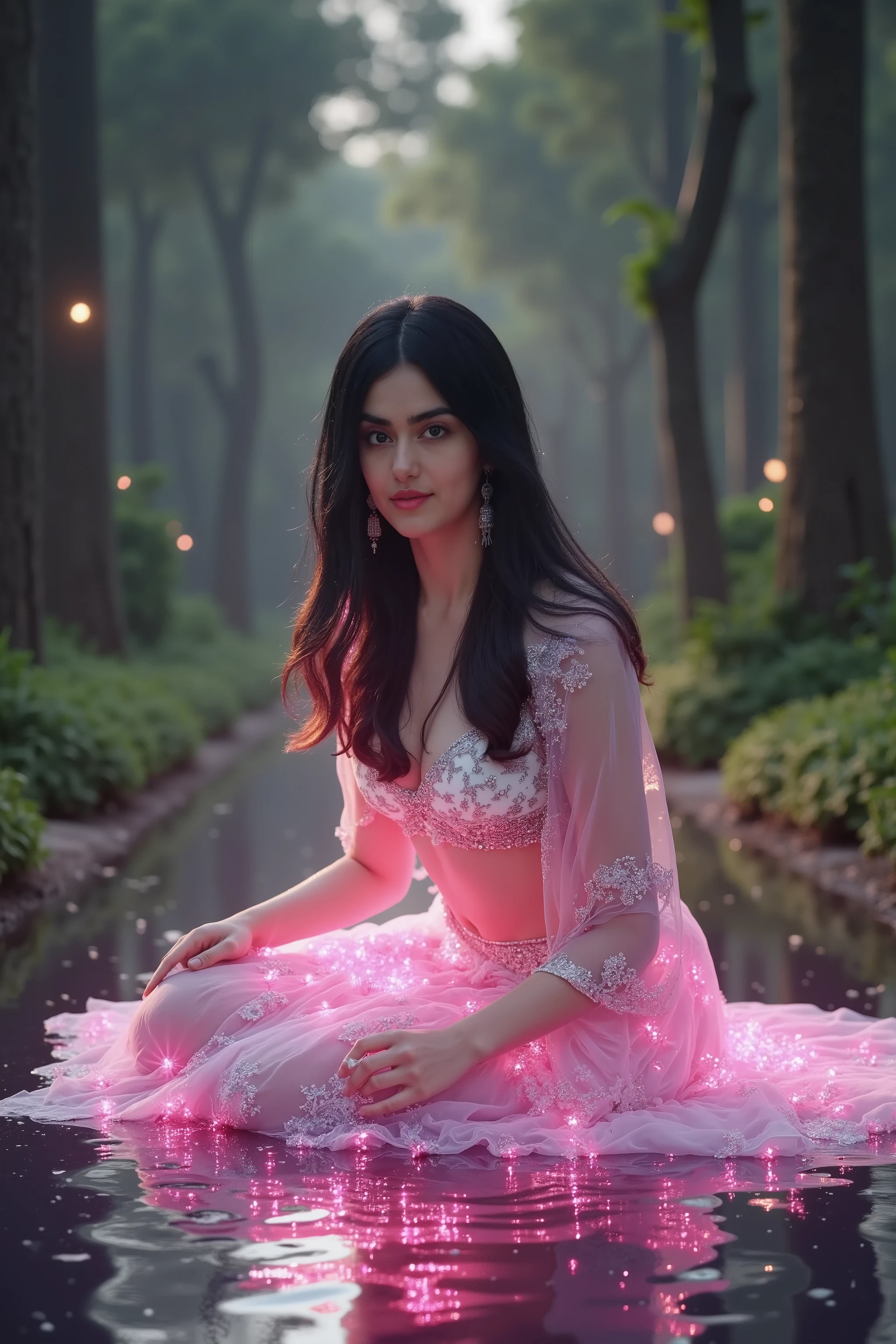 Visual sinematic rantasy From top looking at camera beautiful woman pink neon aura hieroglyphic dress in fairy tale land Sit on calm forest lake fire fly