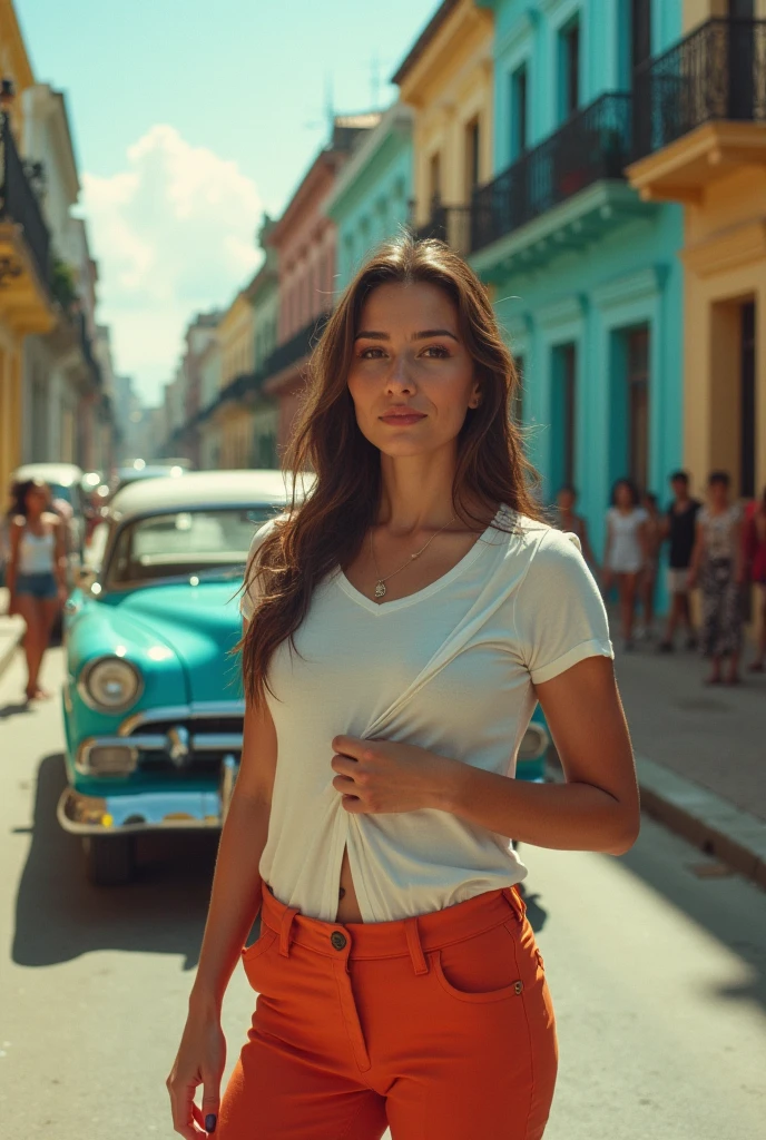 araffe woman in red top and denim shorts walking down a street, wearing a sexy cropped top, posing in an urban street, at a city street, skinny waist and thick hips, long hair and red shirt, in the city, 🤠 using a 🖥, 30-year-old woman from cuba, wearing a red outfit, standing in a city street