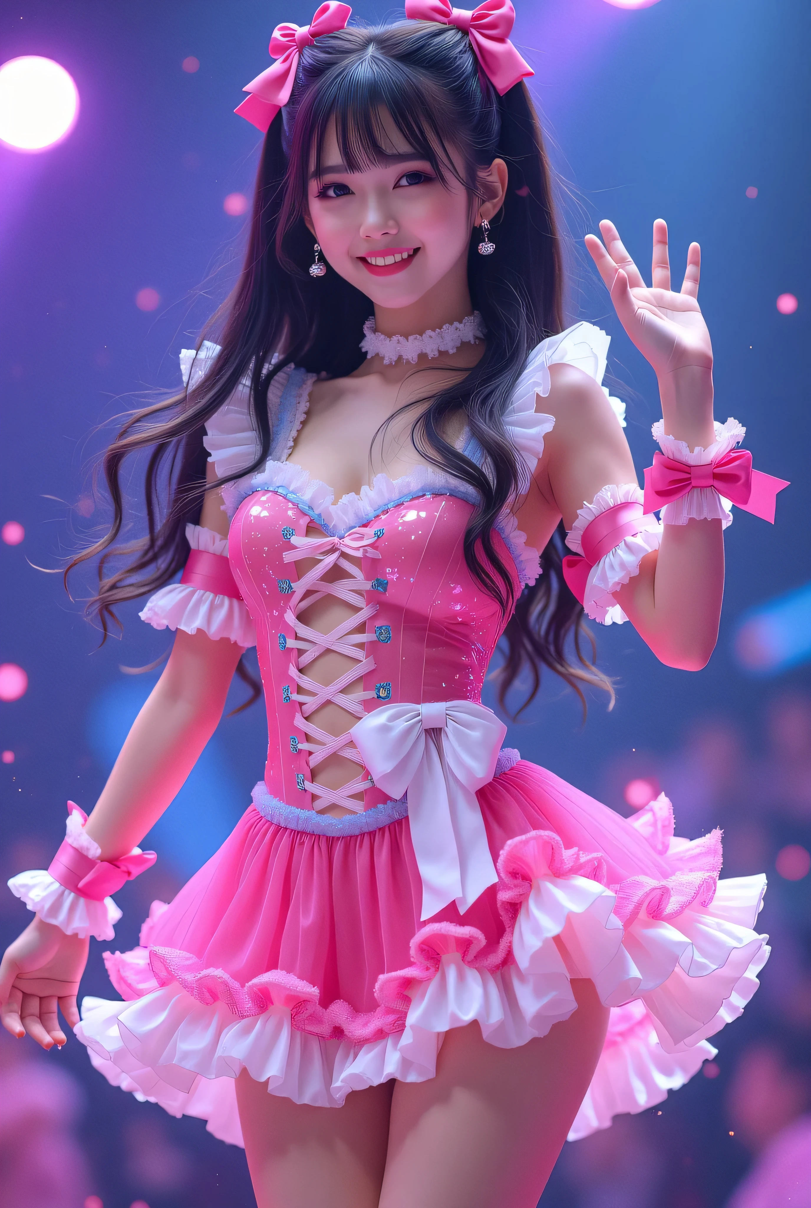 Create a highly detailed, realistic image of a young woman with long, dark hair styled with two small pink bows on either side. She is wearing a vibrant and transparent shinning glossy pink short dress that has a layered, frilly design with white ruffled edges on the sleeves and neckline. The dress has intricate lace-up details on the front, with white ribbons crisscrossing over the bodice. A large, white bow is tied around her waist, and the skirt is layered with multiple ruffles, alternating between white and pink frills. The upper part of the dress has a mix of white and blue accents, especially around the shoulders, giving it a lively, idol-like appearance. The girl’s expression is cheerful and playful, with a radiant smile, captured both in performance and posing with a slightly pensive look. Ensure that her outfit appears shiny and glossy, reflecting stage lights, and incorporate a vivid, performance-like atmosphere in the background.