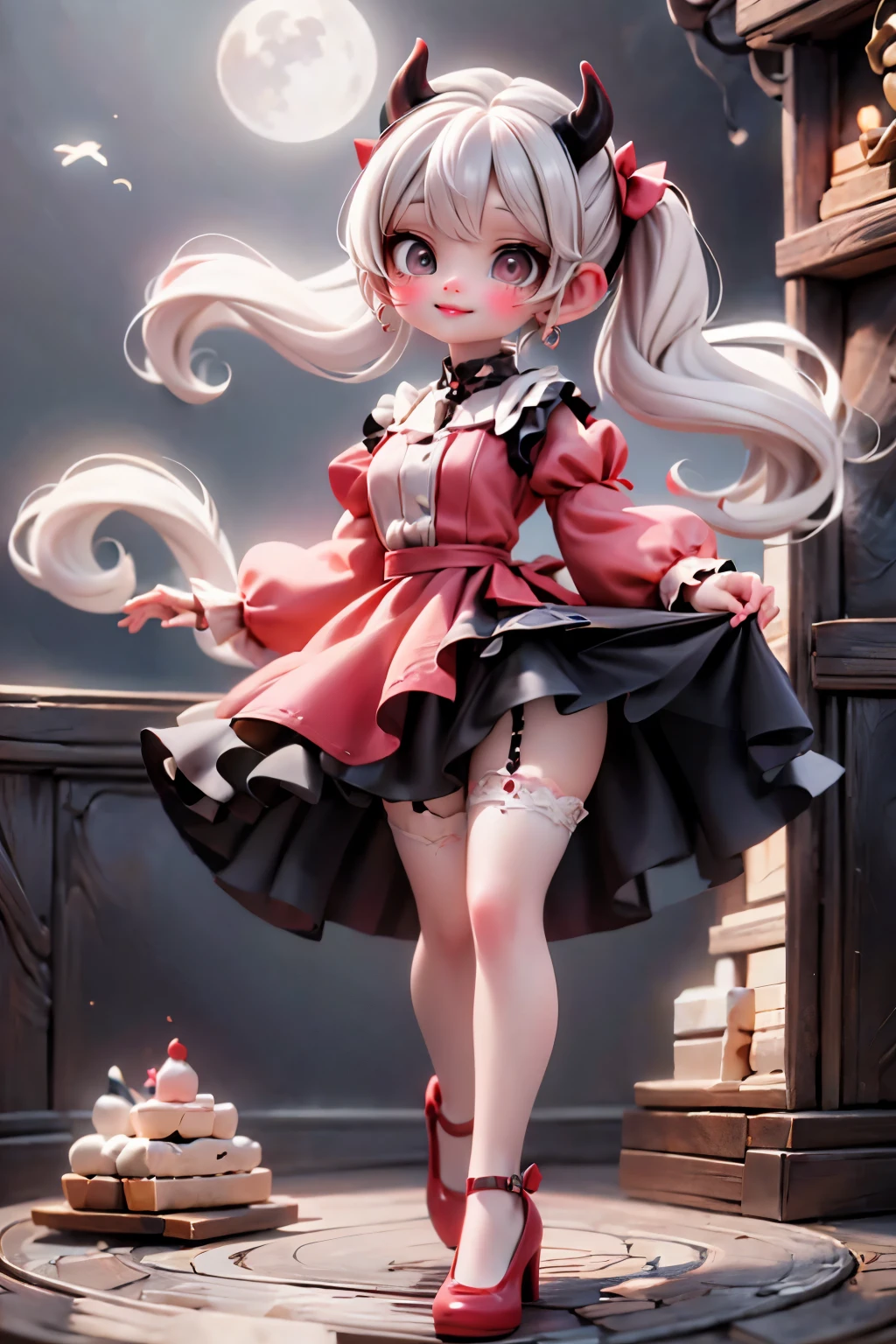 a cute horned girl smiling Carrying a cake of love in a hurry under the moon light, red horns, white hair, (big hairbows), red smokey eyes makeup, red blush, red lips, intrincate salon hairstyle, red earrings, choke, red pastry chef short puffy sleeves dress, red nylons, red hosiery, white ankle strap patent leather pumps, dancing, dynamic dance pose, dynamic angle from below, low angle, focus footwear, at night, fantasy scene, magical atmosphere, Plump loli