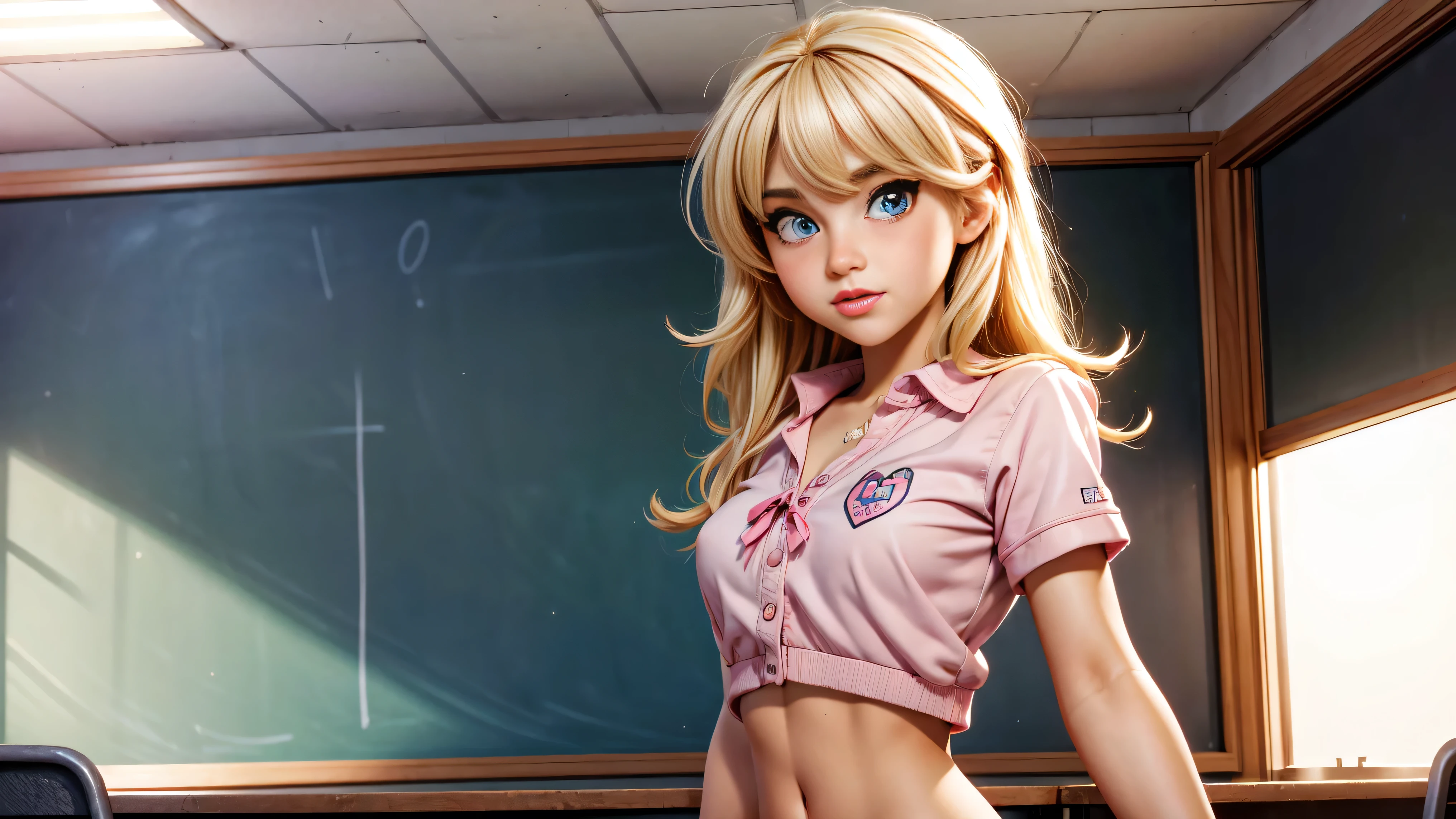 Cute blonde girl wearing revealing pink high-school uniform in classroom, sexy, petite, blue eyes, popular girl, standing in front of the chalkboard,