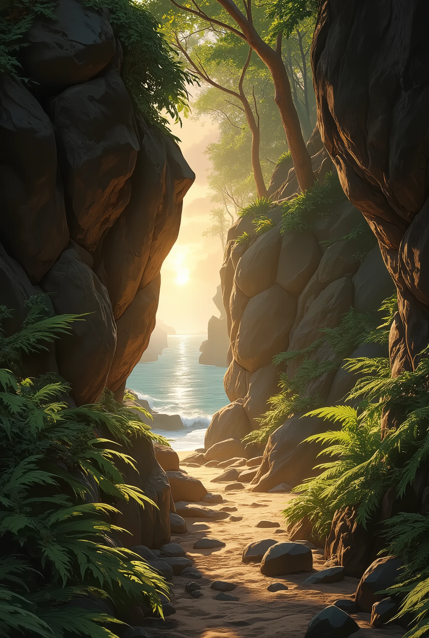 Strong light, intense contrast, In an open-roofed cave、 sunlight shines through green moss and ferns。, And open( Sea view:1.1) Next, CELL SHADING RENDERING , 4K, 360 degrees, Cylindrical equilateral diagram , qxj,