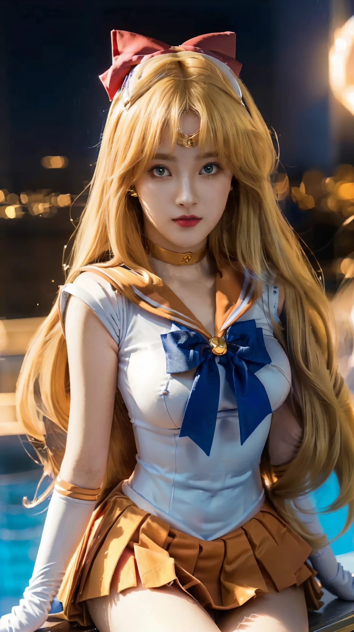 a close up of a woman in a sailor costume posing on a ledge, anime girl cosplay, anime cosplay, cosplay, cosplay photo, realistic cosplay, anime girl in real life, full-cosplay, the sailor moon. beautiful, big breasts, big tall posture, thin lips, shiny lips, pleated skirt, super short mini skirt, ahri from league of legends, photorealistic anime, professional cosplay, sailor uniform, sailor moon style, ((blue hair, blonde hair, tiara)), sailor venus
