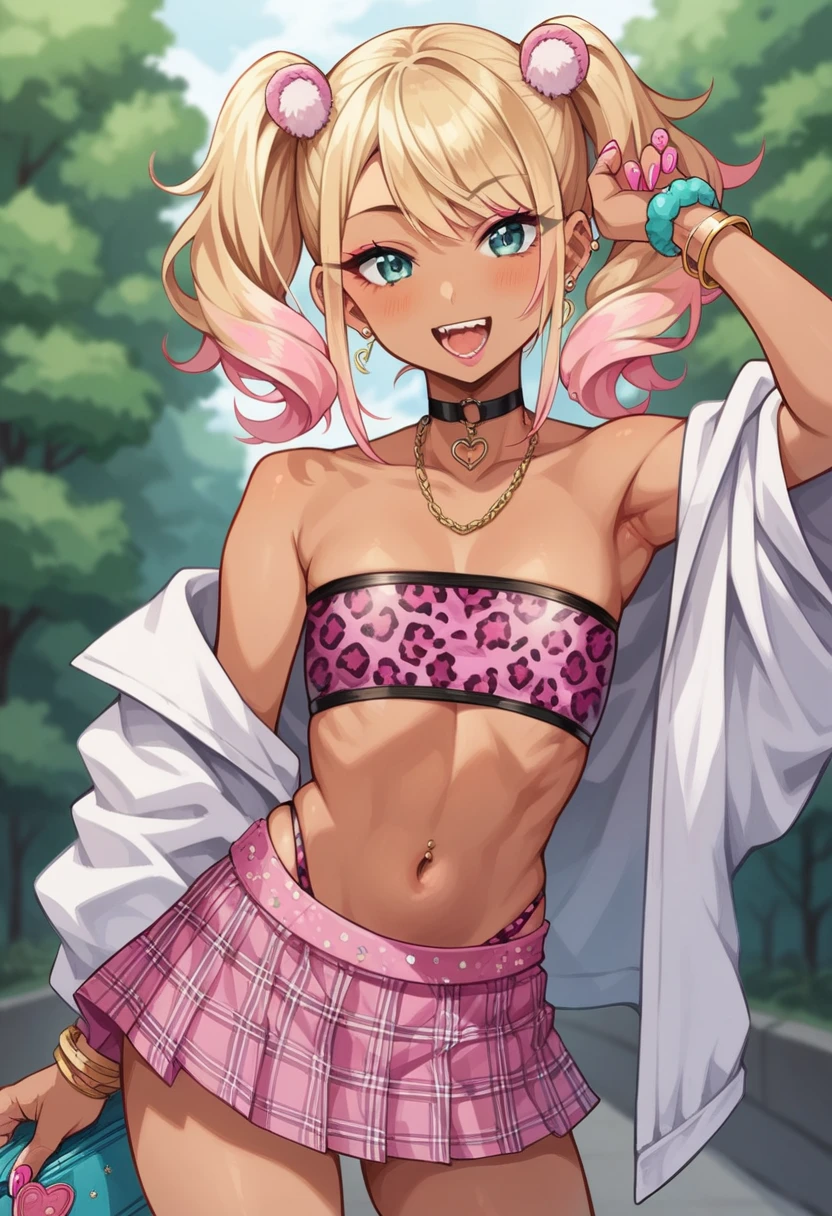 source_anime, (2d), score_9, score_8_up, score_7_up, score_6_up, score_5_up, score_4_up, solo, 1girl, standing, holding phone, looking at phone, hand on hip, gyaru, tanned skin, pink thin lips, choker, makeup, pink eyeshadow, jewelry, smile, patchouli knowledge, mob cap, blonde hair, purple highlights, cowboy shot