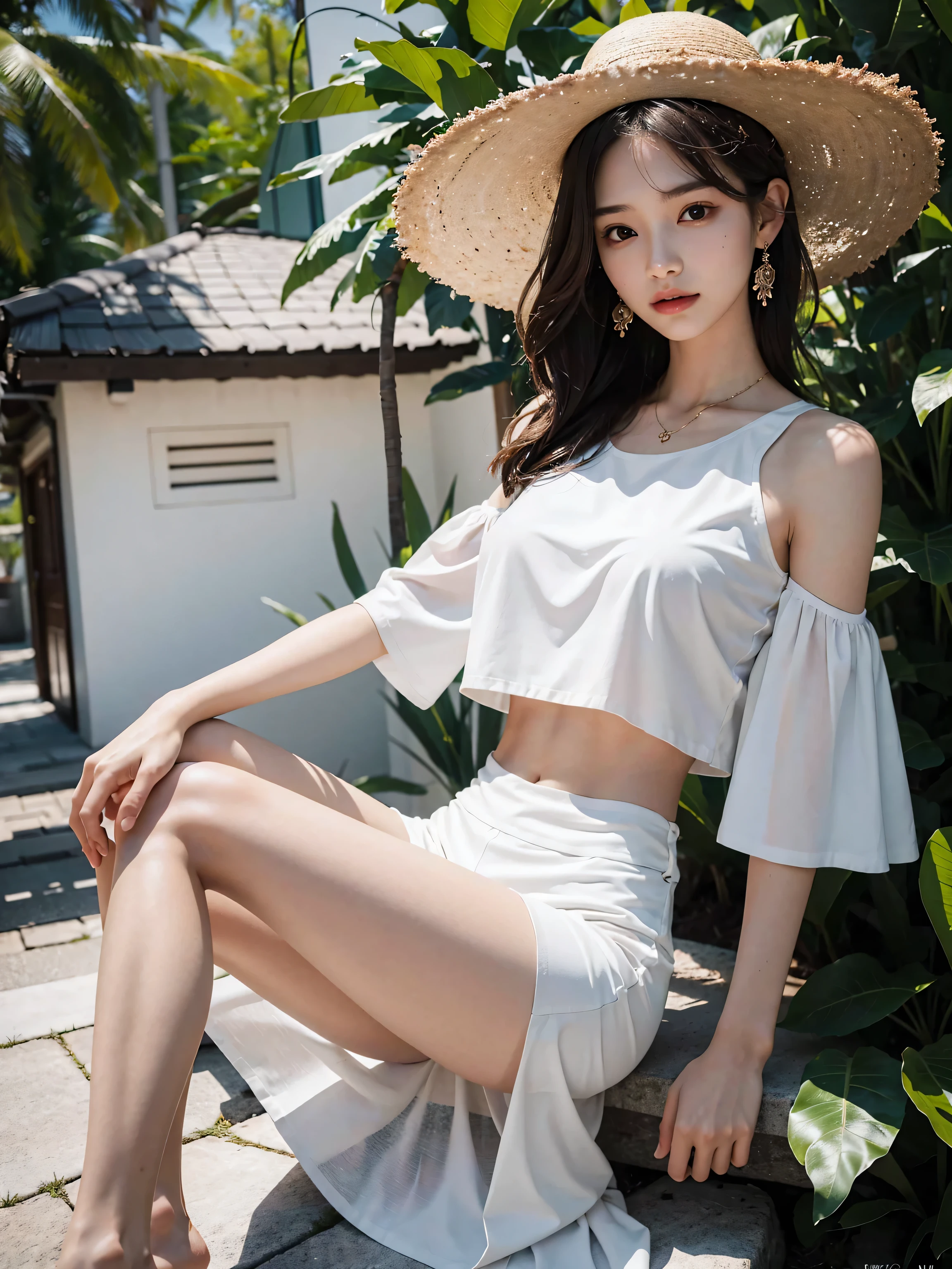 Chica joven, cabello rubio, , caderas anchas, cintura delgada, abdomen marcado, culo grande, piel morena, top y shorts transparentes, vista de cuerpo completo