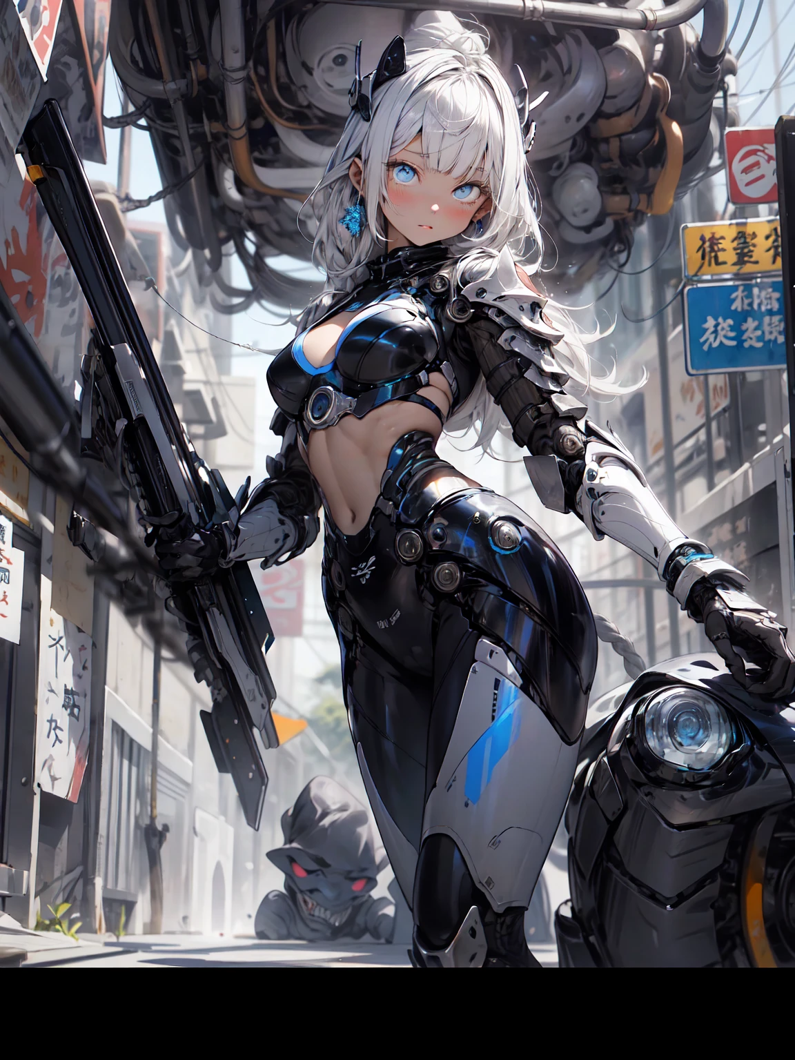 nsfw, 1girl, cyberpunk, mecha armor, mechanical, (masterpiece: 1.4), (8K, realistic, raw photo, best quality: 1.4), nipple areola shape clear, , Japanese girl, beautiful cute face, (real face: 1.4), perfect pussy, beautiful hairstyle, realistic blue eyes, beautiful detail eyes, (real skin: 1.3), beautiful skin, attractive, ultra high resolution, ultra realistic, off-sheller, night view, shiny moon, burning city, post apocalyptic world, cinematic lighting, white colored hair, long hair, twin ponytails, blue ribbons, gun in hands, alien spaceship, futuristic fantasy, sitting on machine, legs open, close view on pussy