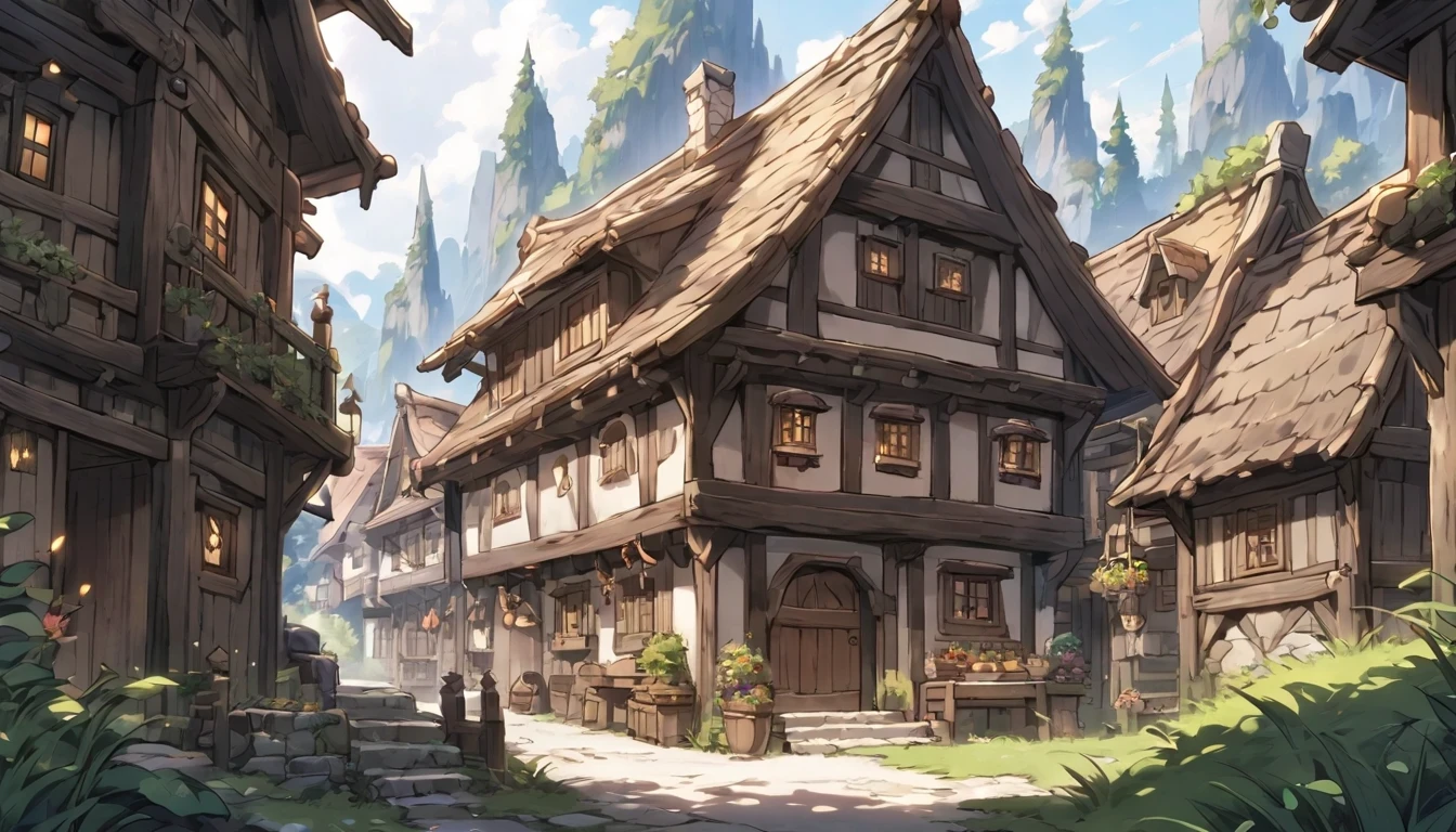 A cozy fantasy village, seen from the front