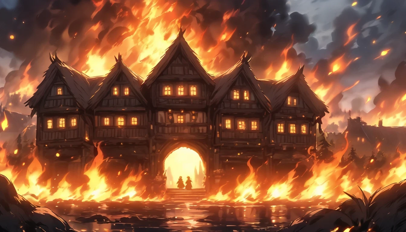 A cozy fantasy village in flames, on fire, seen from the front