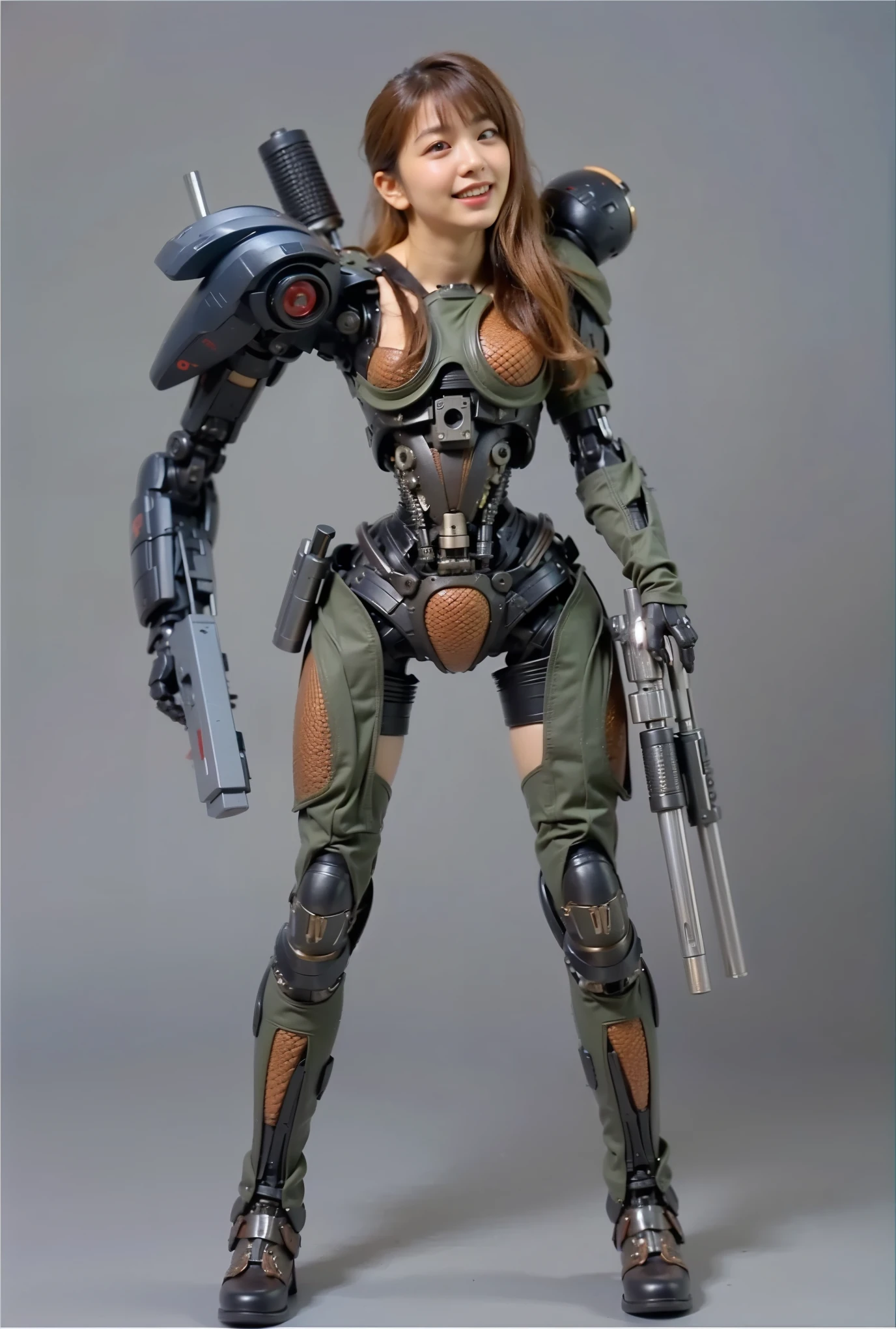 (Completely live action:1.37), (Amazingly realistic textures:1.37), (masterpiece, best quality:1.2), (8k uhd, 16k, 32k, ultra high res), amazingly realistic skin, amazingly realistic photo, superrealism, (photorealistic:1.37), (RAW photo), ultimately realistic, (ultimately realistic all details), (ultimately realistic all textures), super realistic lighting, super realistic shadow, (japanese girl:1.5), ((young face)), smiling, happy, super realistic face, ultimately realistic skin, ultimately realistic eyes, (amazing droopy eye makeup:1.35), ultimately realistic background, ultimately realistic detail up, kkw-ph1, ((design by KATOKI HAJIME, amazingly intricate details, Anatomically perfect hands, mechanical body, mechanical chest, mechanical legs, mechanical arms, machine armour))
